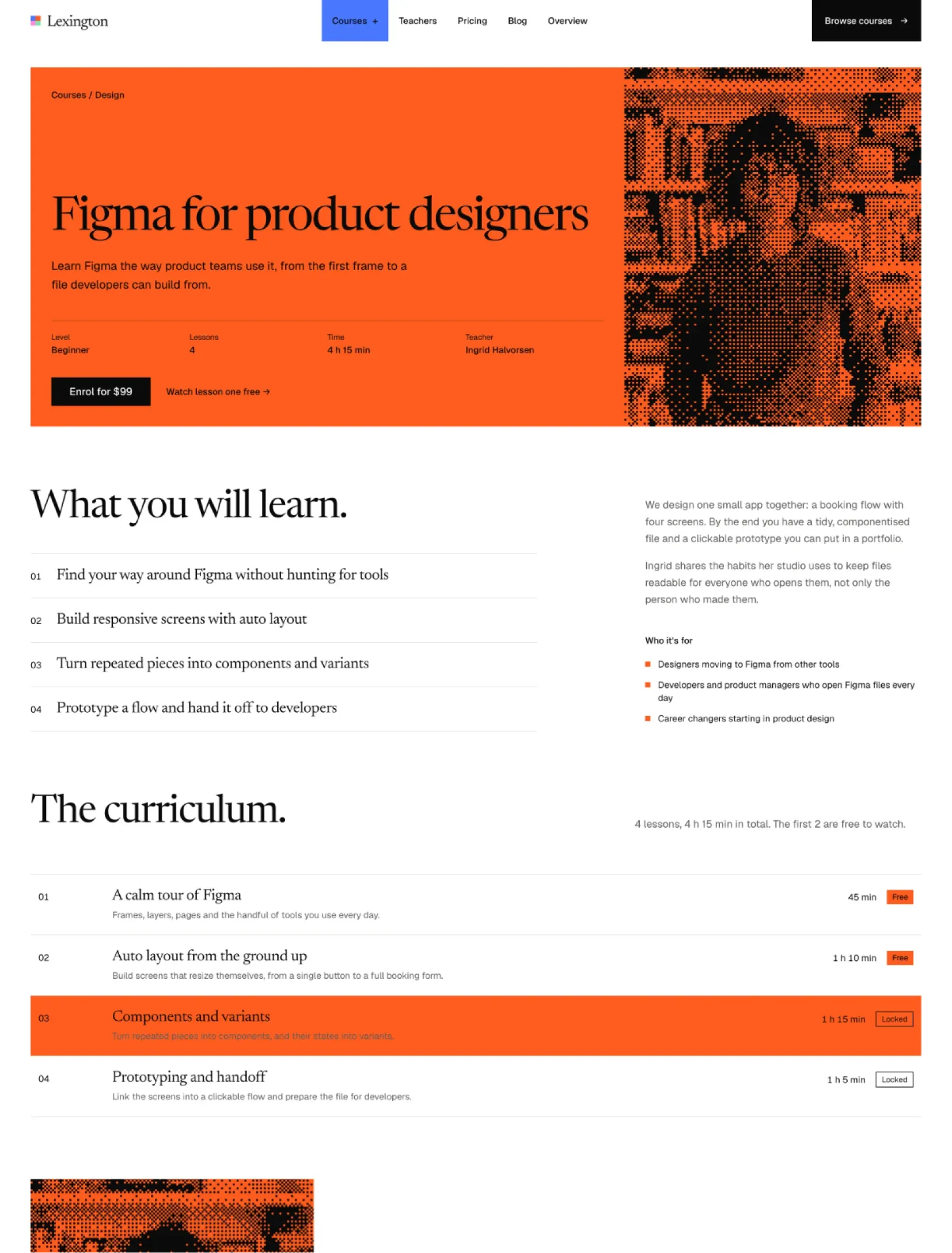 Enlightr course page with a colour hero, the teacher's dithered portrait, outcomes and the curriculum