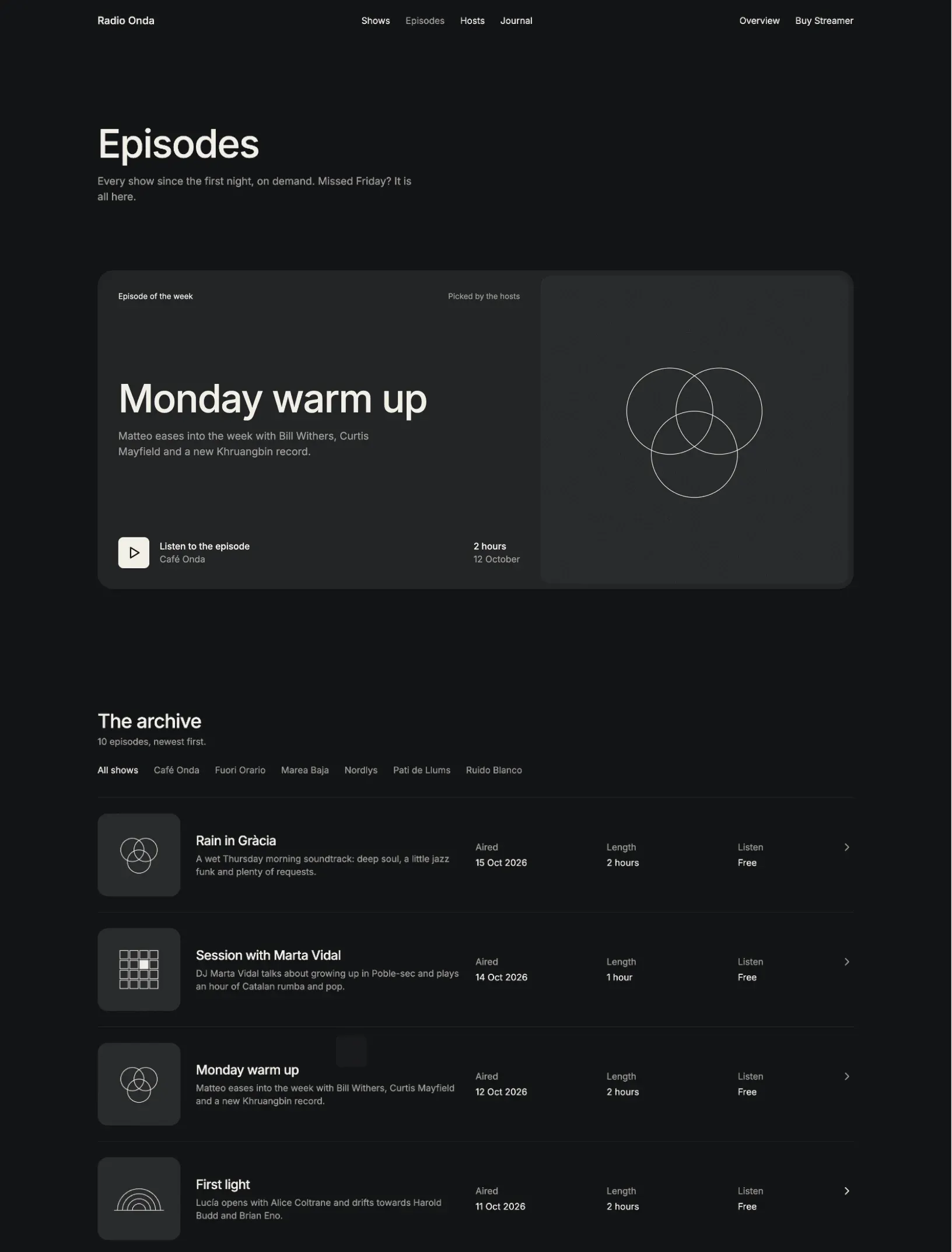Streamer episodes index with the episode of the week card, then the archive with a filter by show and episode rows with their air date, length and access