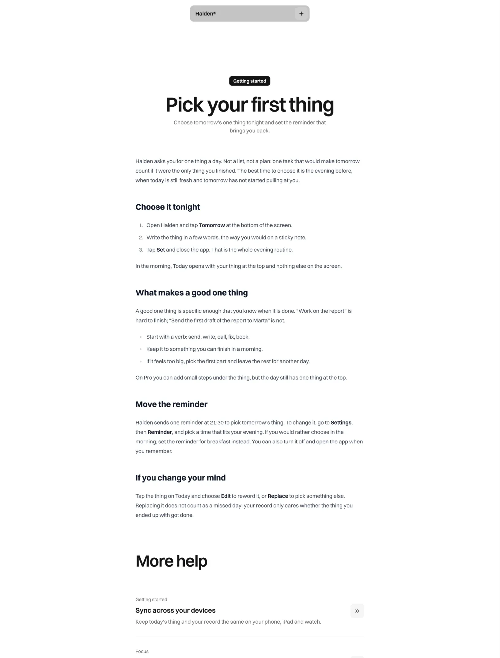 Halden help article about picking your first thing with steps, tips and more help below