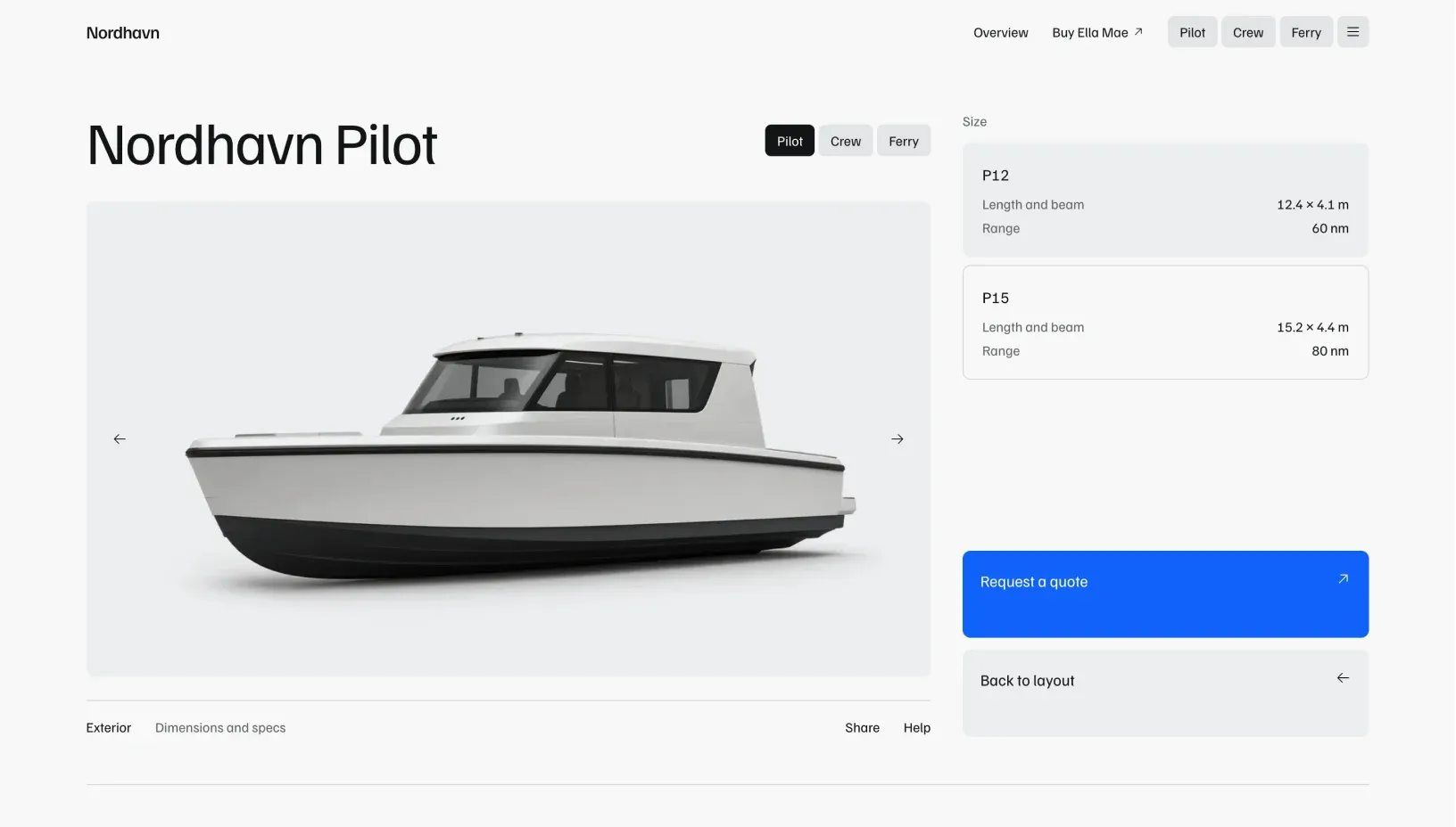 Ella Mae configurator choosing a size, with a request a quote button