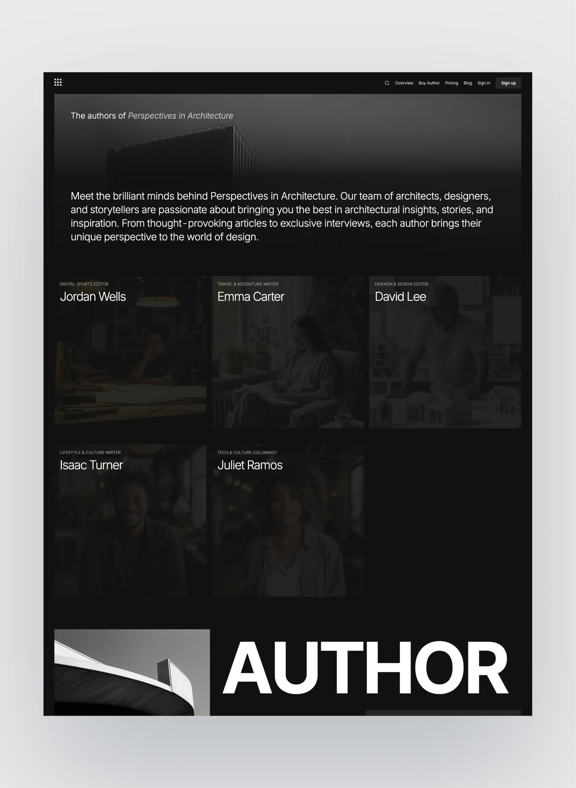 Author dark editorial typography layout