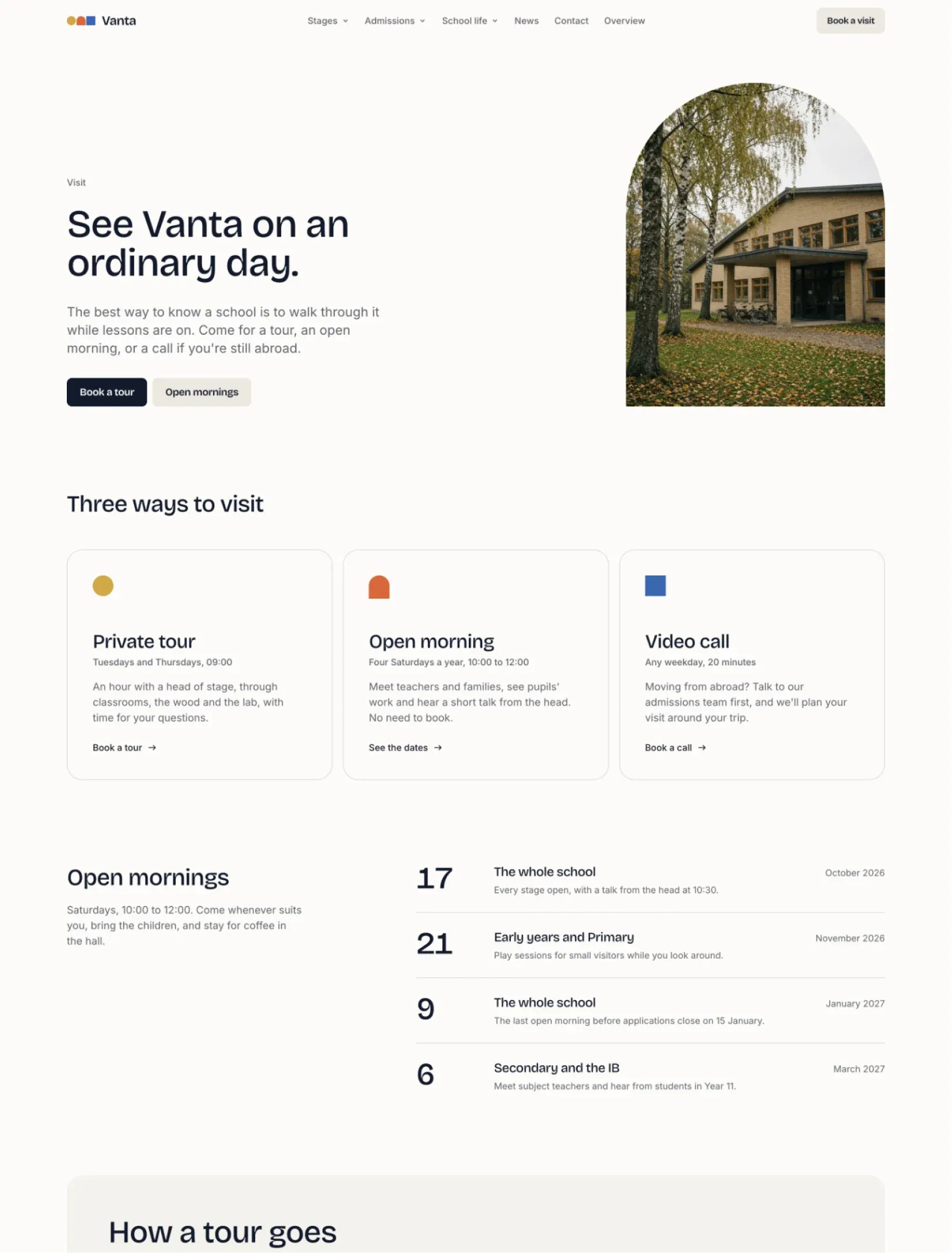 Vanta visit page with three ways to visit and the open mornings