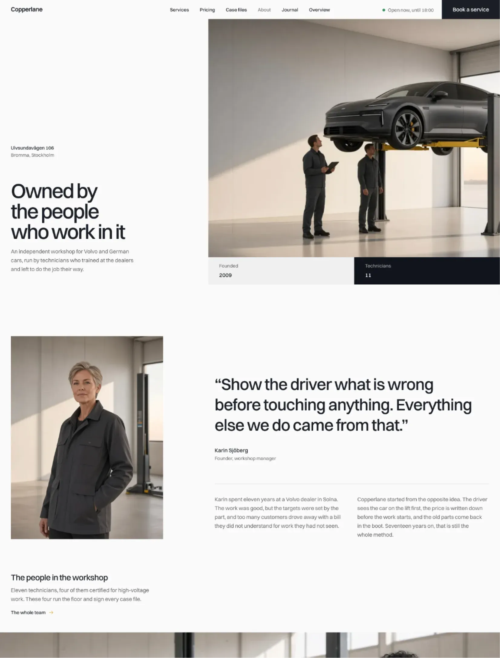 Copperlane about page with the founder's portrait and quote