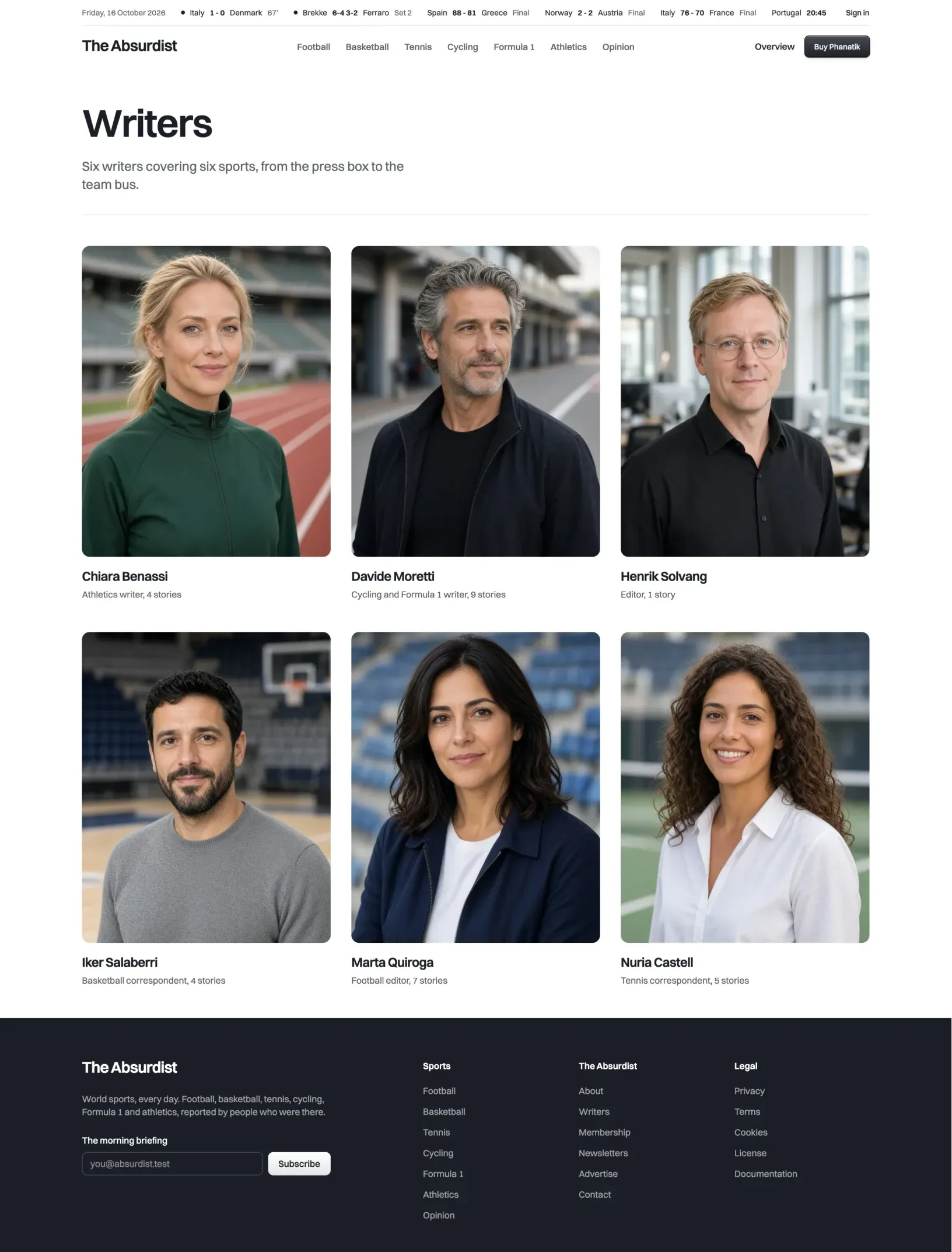Phanatik writers page with six portraits in a grid, each with the writer's name, role and story count, above the dark footer with the newsletter form and links