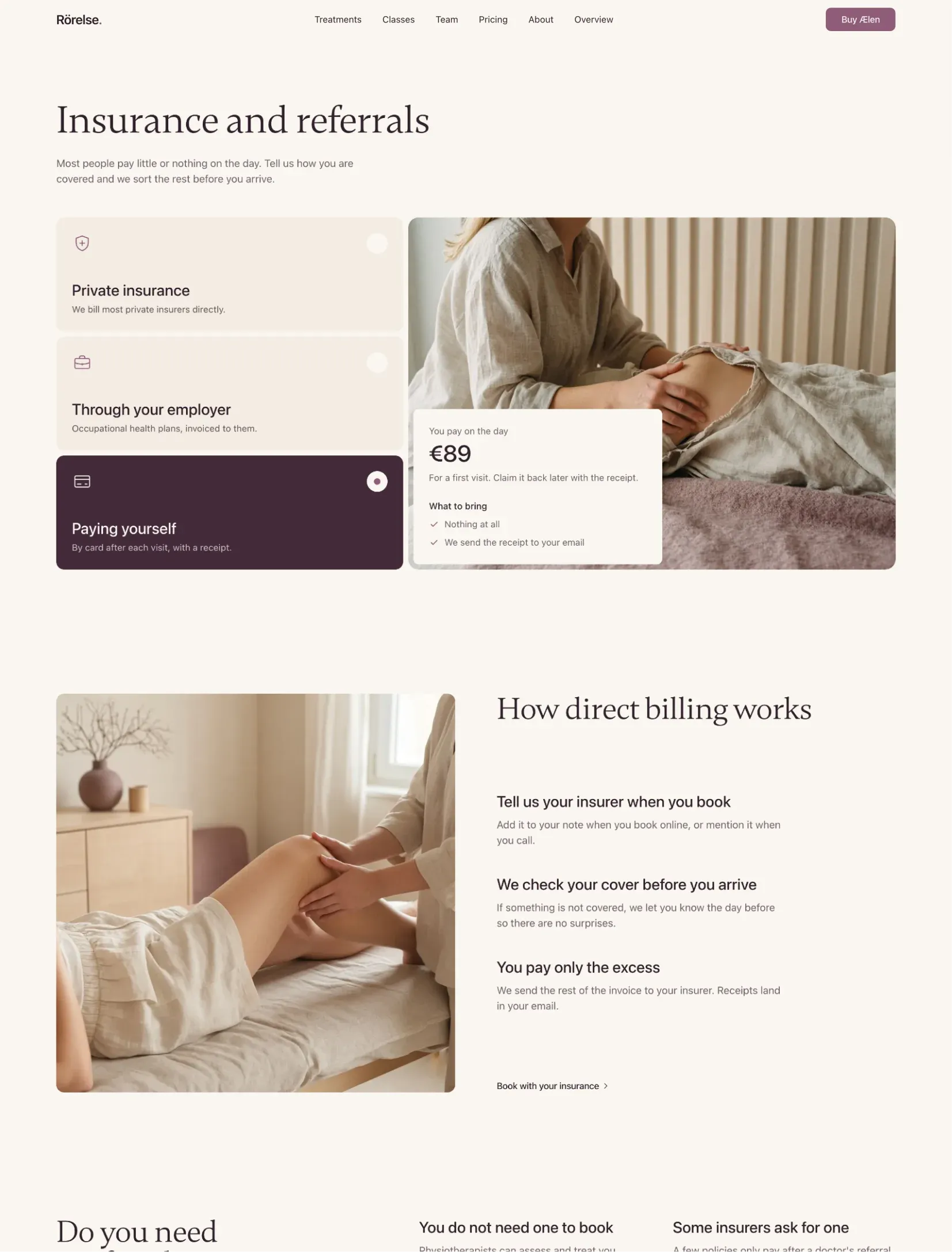Ælen insurance page where you choose private insurance, your employer or paying yourself and a pinned card shows what you pay, then how direct billing works