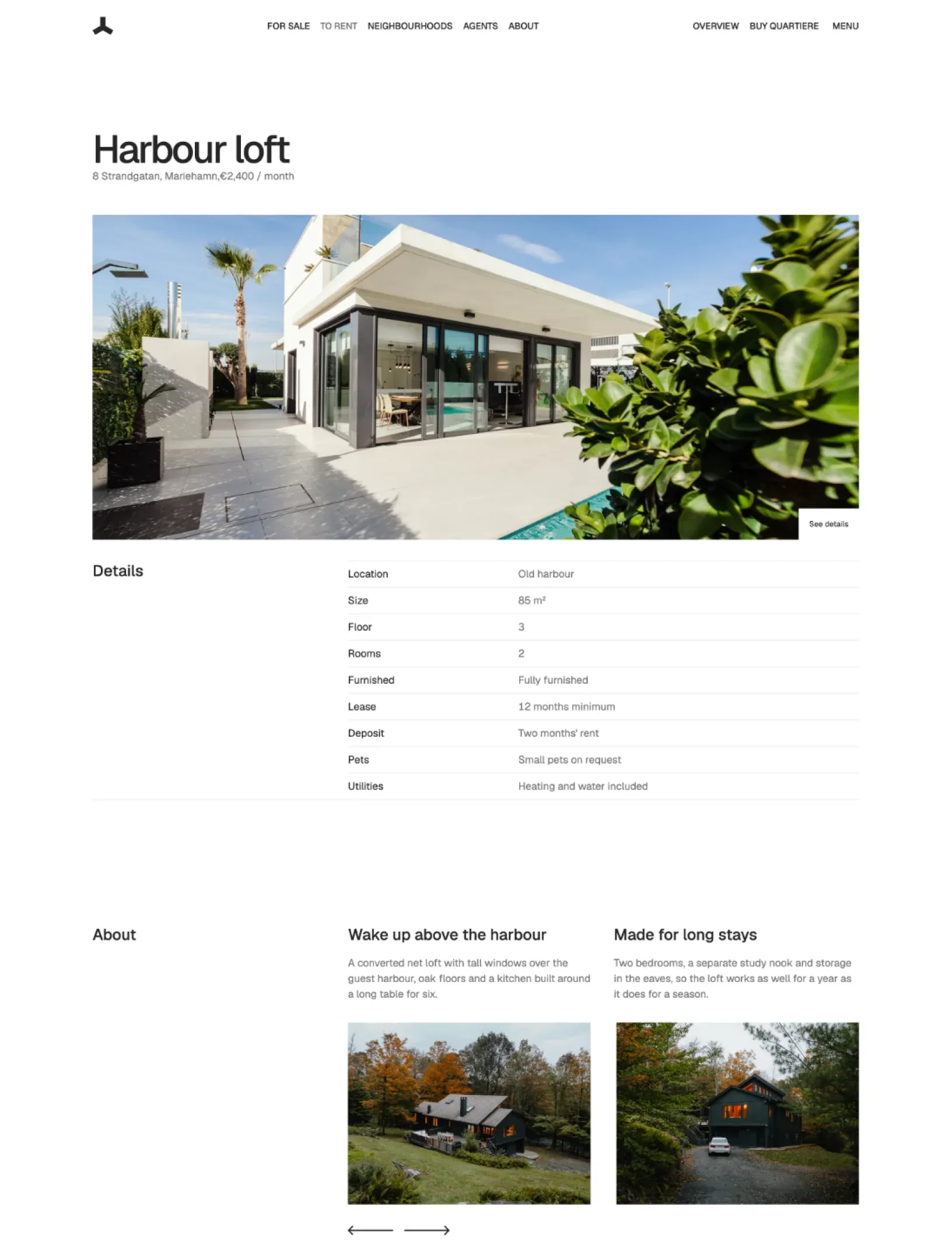 Quartiere rental page for Harbour loft with a white house among plants, details for size, lease, deposit and pets, and About with two photos