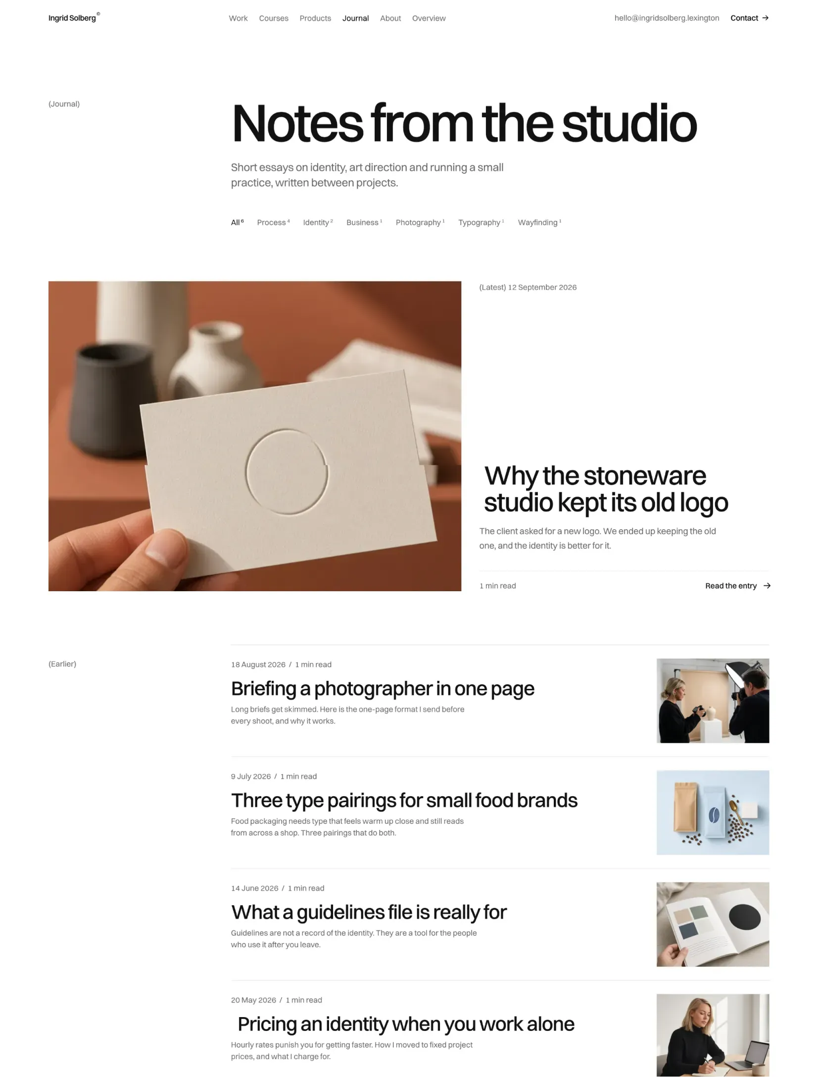 Pro FolioX journal with topic filters, a featured entry and earlier posts