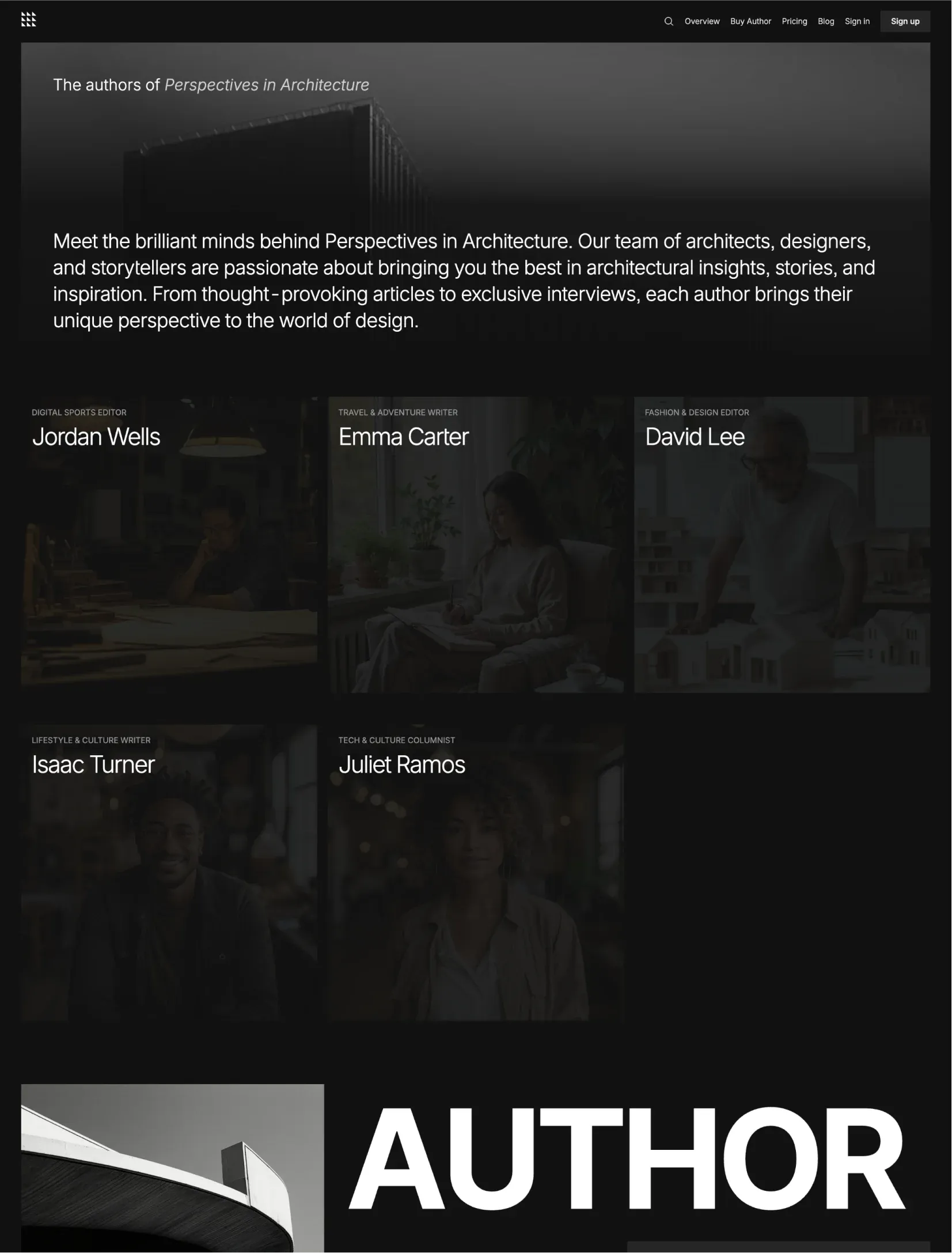 Author dark editorial typography layout