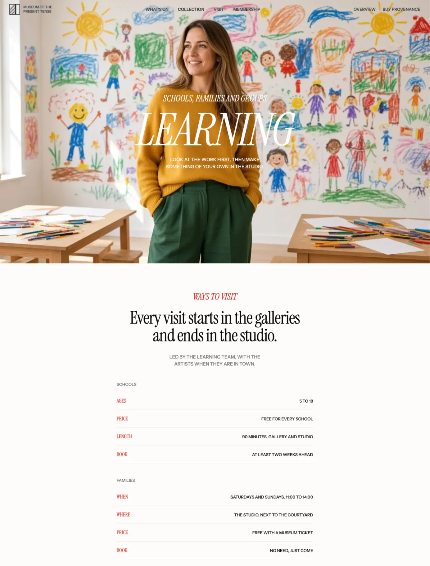 Offcut learning page with a full width photo of a smiling educator in front of a wall of children's drawings, then Ways to visit with schools and families details as ruled rows