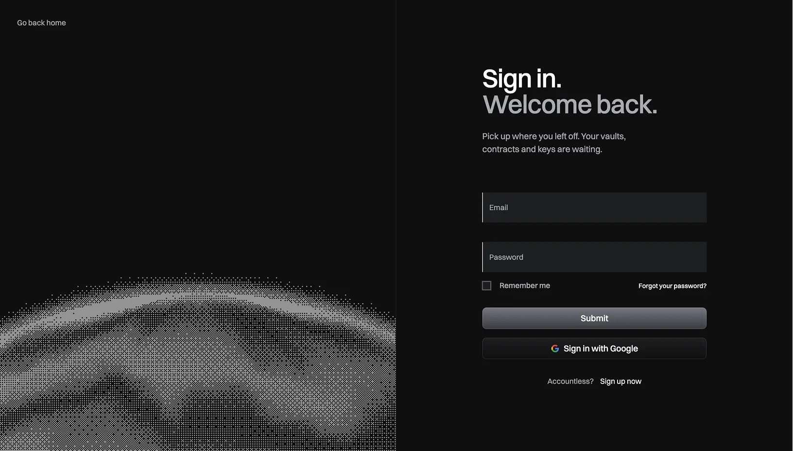 Buio sign in split screen with a dithered planet on the left and the email and password form on the right
