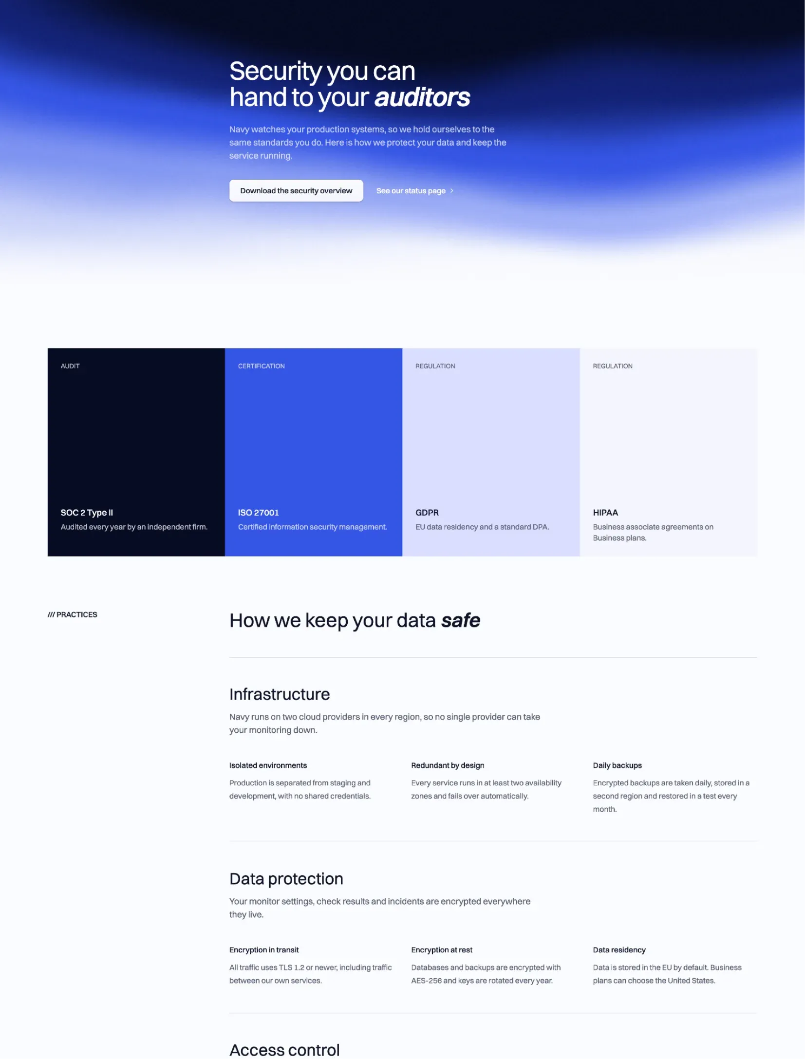 Navy security page with SOC 2, ISO 27001, GDPR and HIPAA on navy, ultramarine and light cards, and how infrastructure and data are protected
