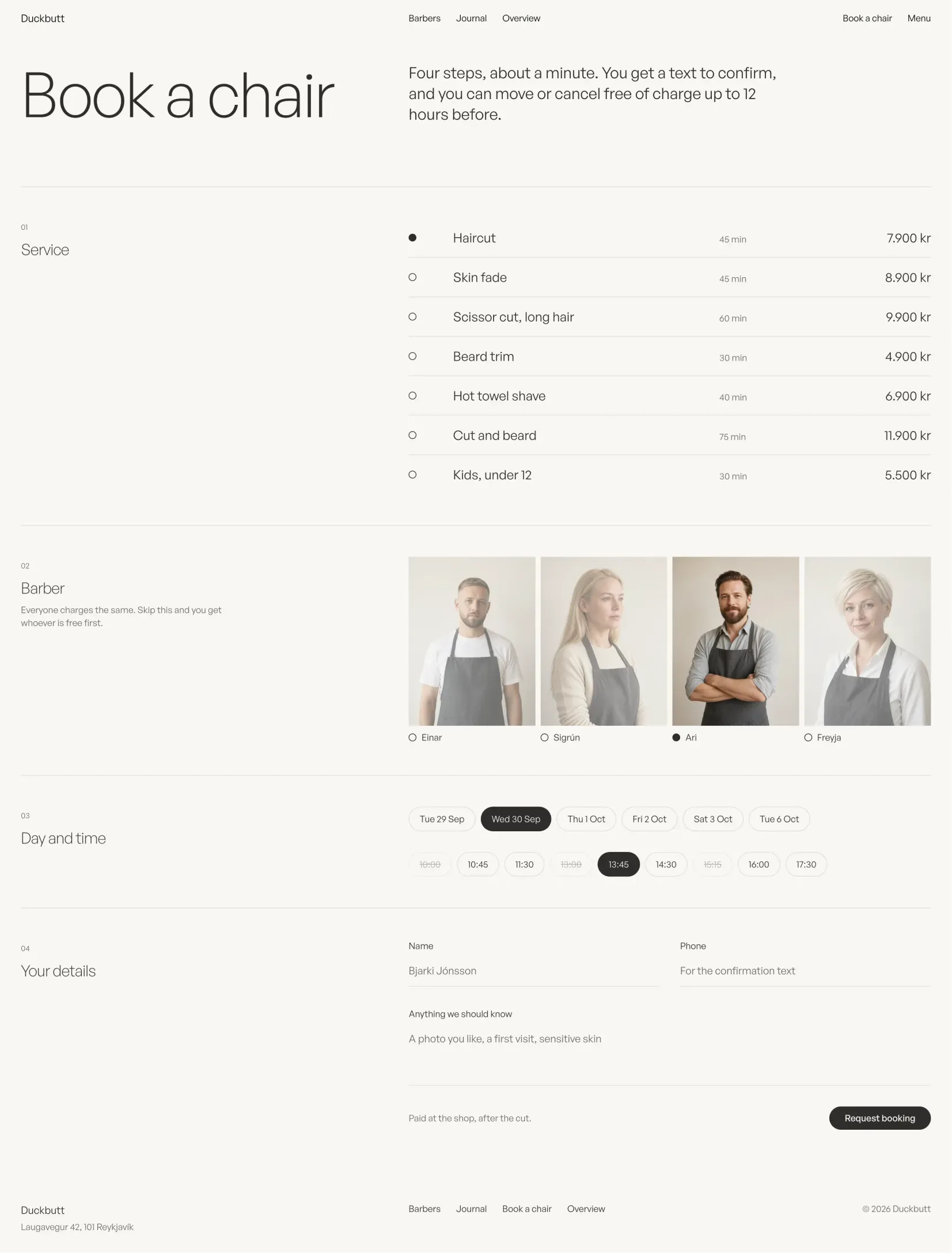 Duckbutt booking page with service, barber, day and time steps and a details form