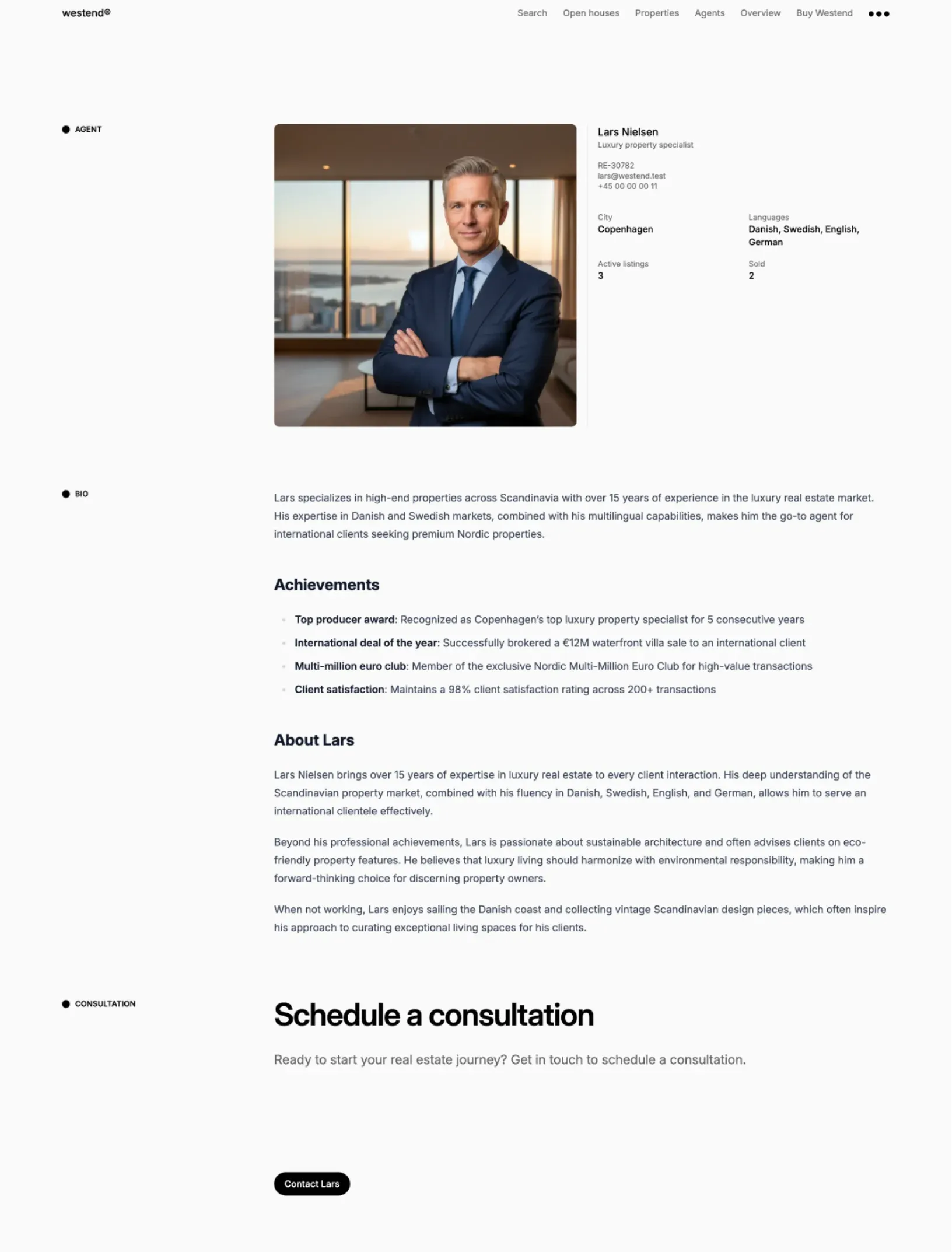 Westend agent profile for Lars Nielsen with city, languages, active listings, homes sold and bio