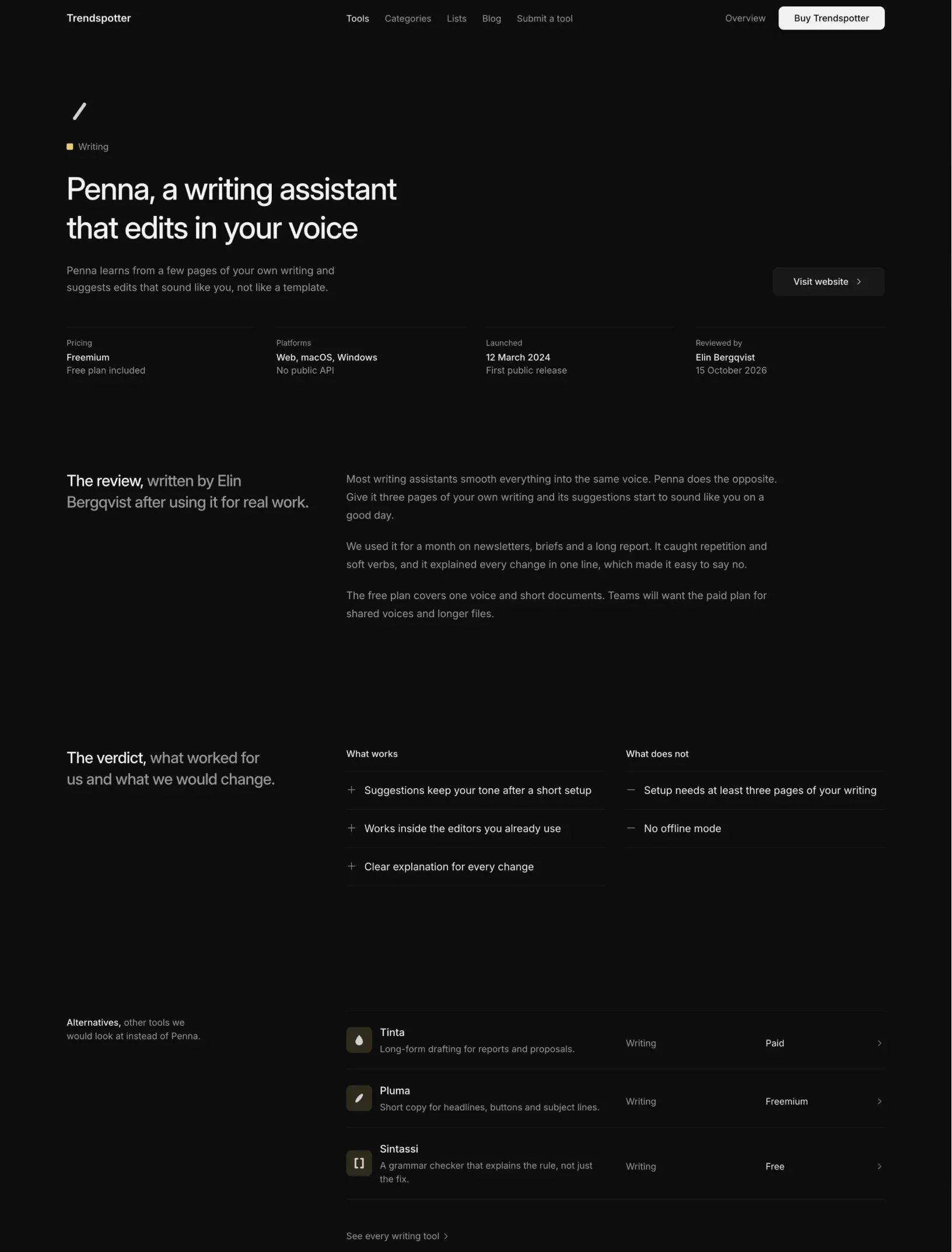 Trendspotter tool page for Penna in dark mode, with the facts, the review, the verdict and alternatives