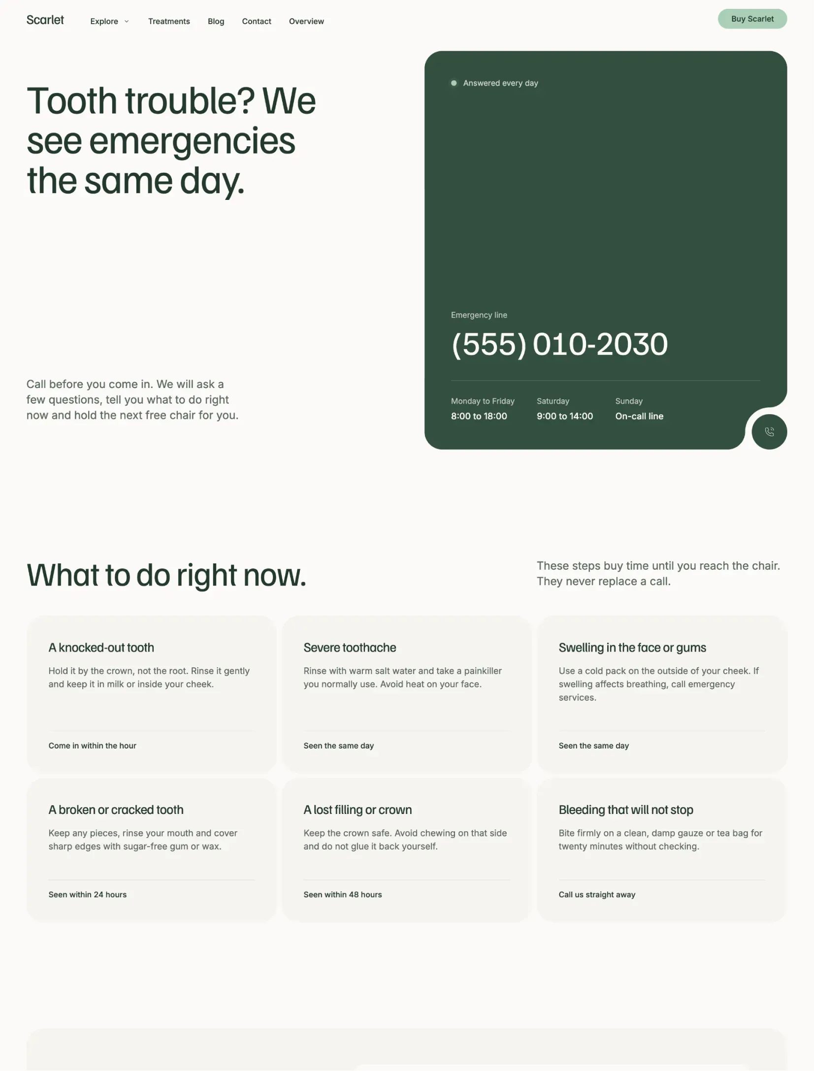 Scarlet emergency page with same-day line and first-aid steps