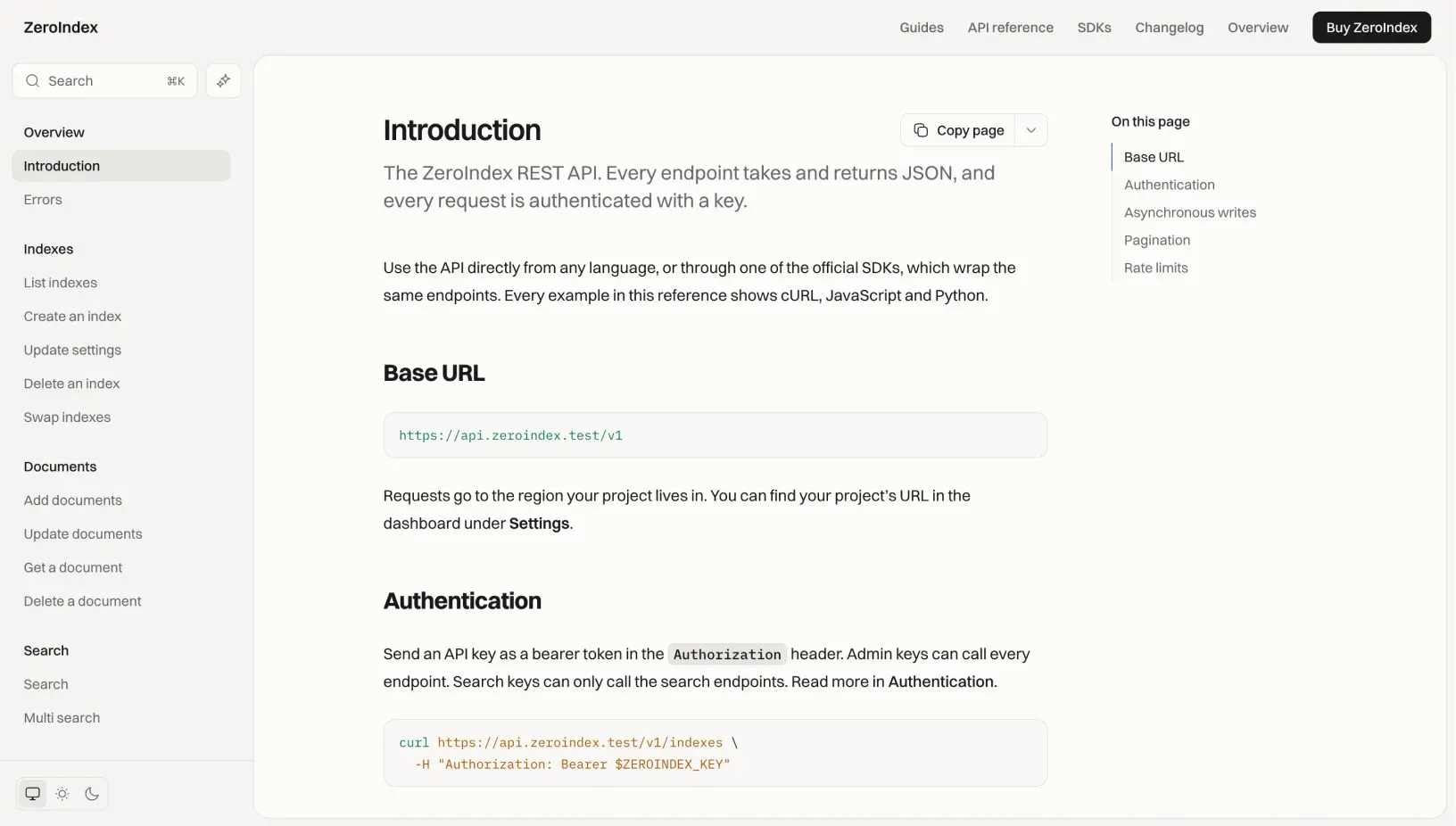 ZeroIndex API reference introduction with the endpoint groups in the sidebar, the base URL and the authentication section