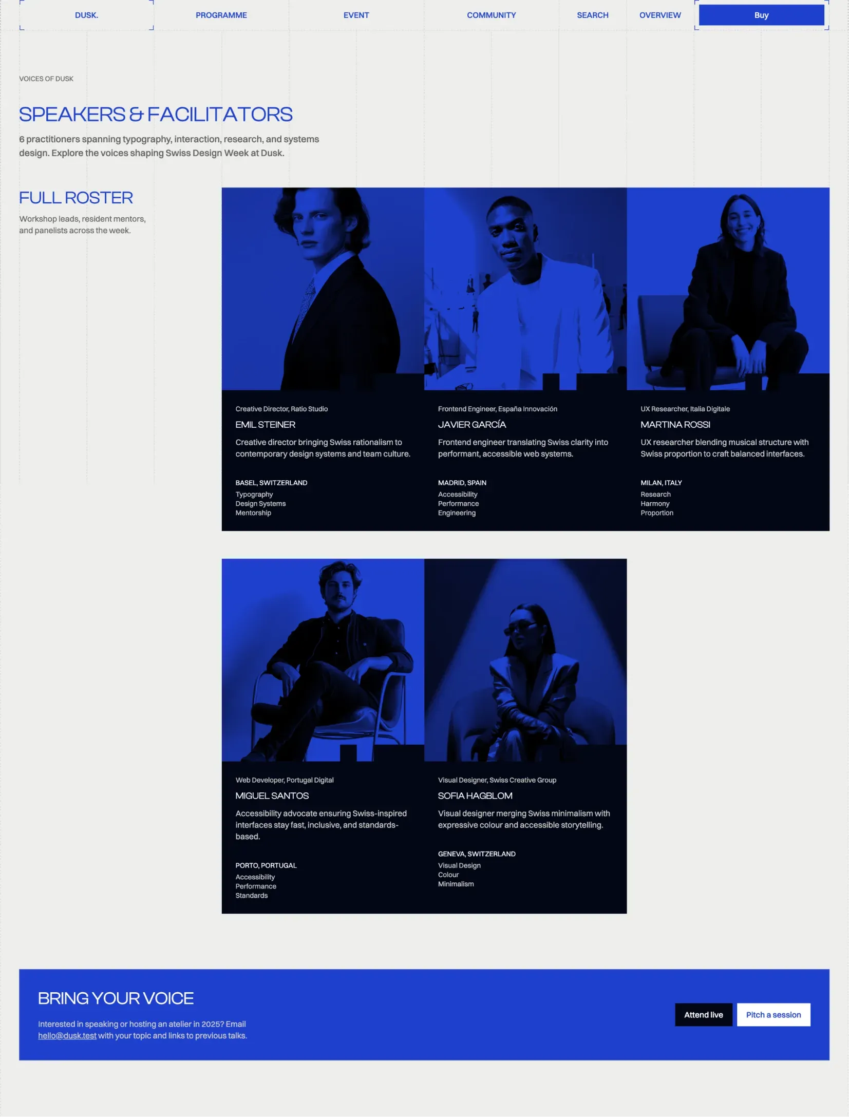 Dusk speakers page with the full roster of six speakers, their roles, cities and focus areas, and a call for talks