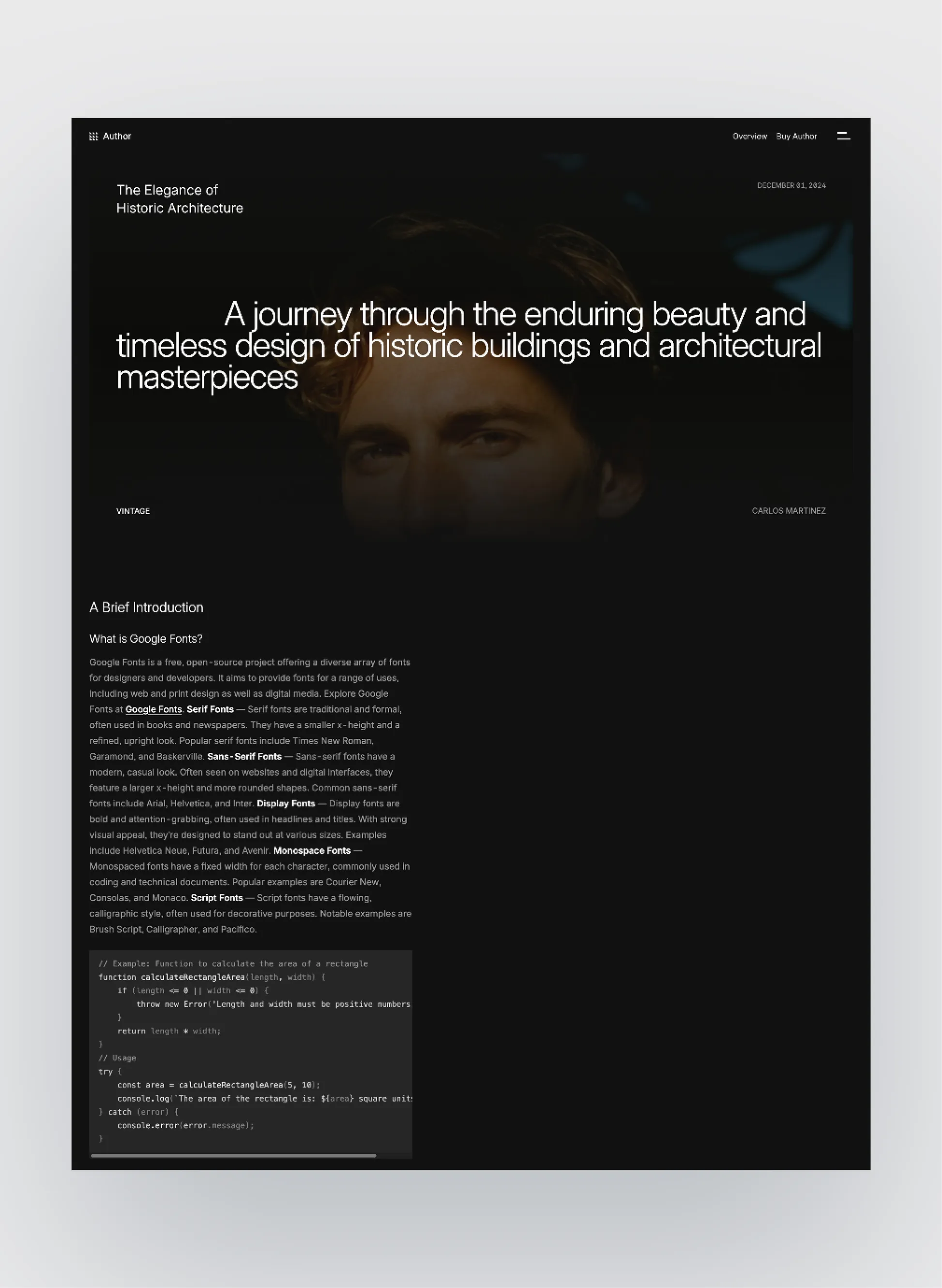 Author dark editorial typography layout