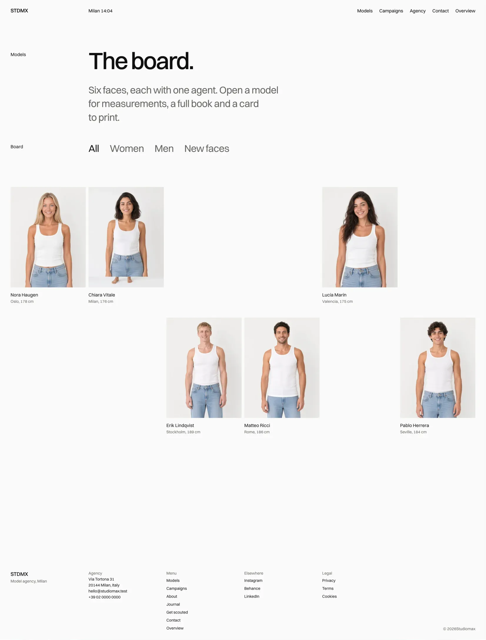 Studiomax models board with filters for women, men and new faces and six portraits on a loose grid with city and height
