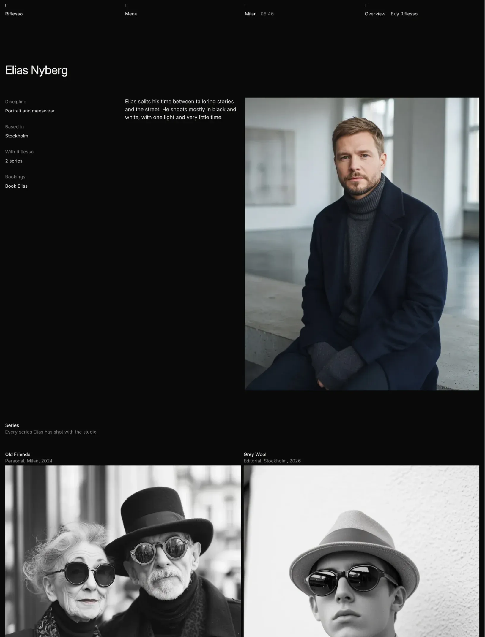 Riflesso artist page for Elias Nyberg with discipline, city, series count and a bookings link beside his bio and portrait, then his series below