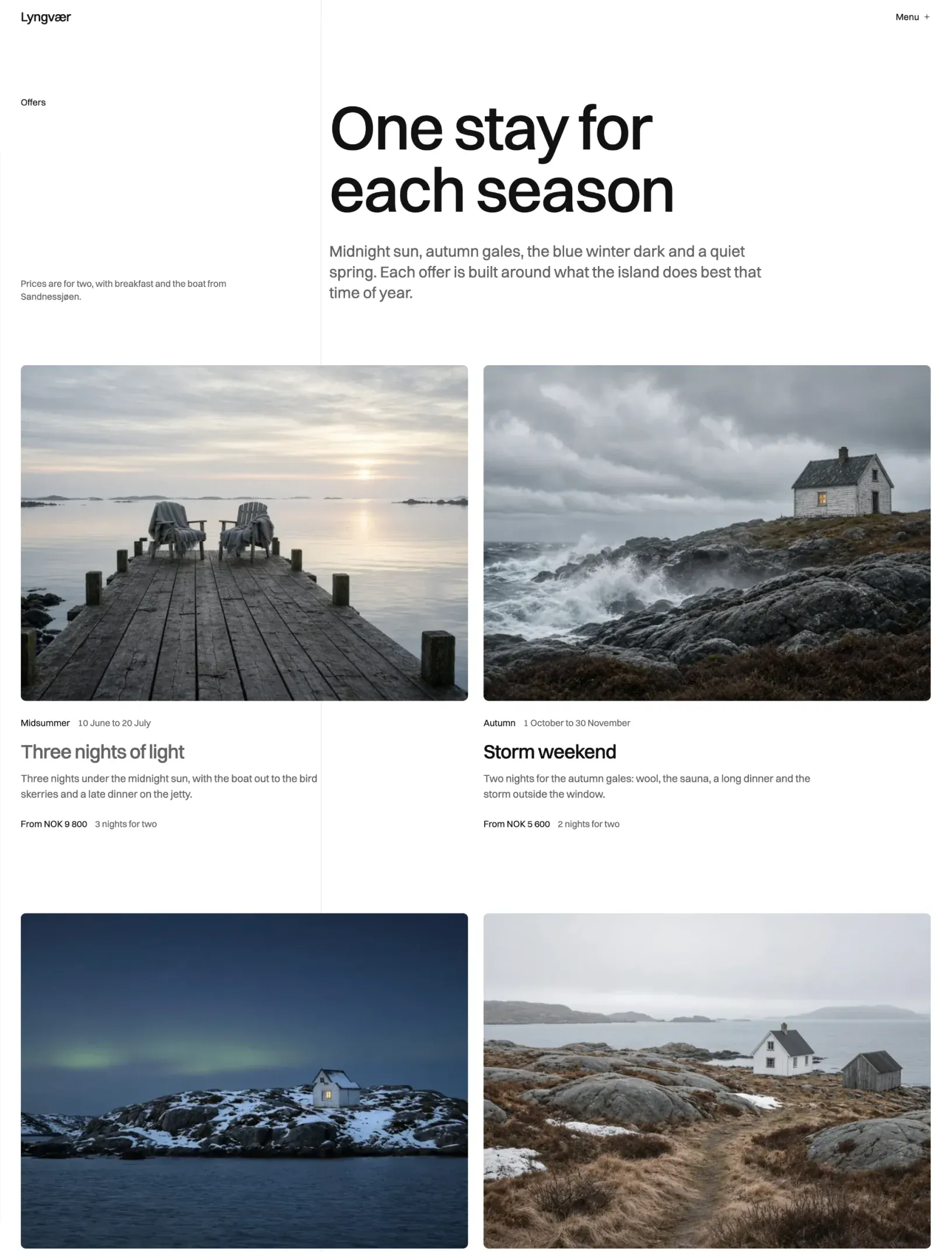 Author offers index with four seasonal stays as photo cards: a midsummer jetty, a storm weekend, northern lights and a spring walk