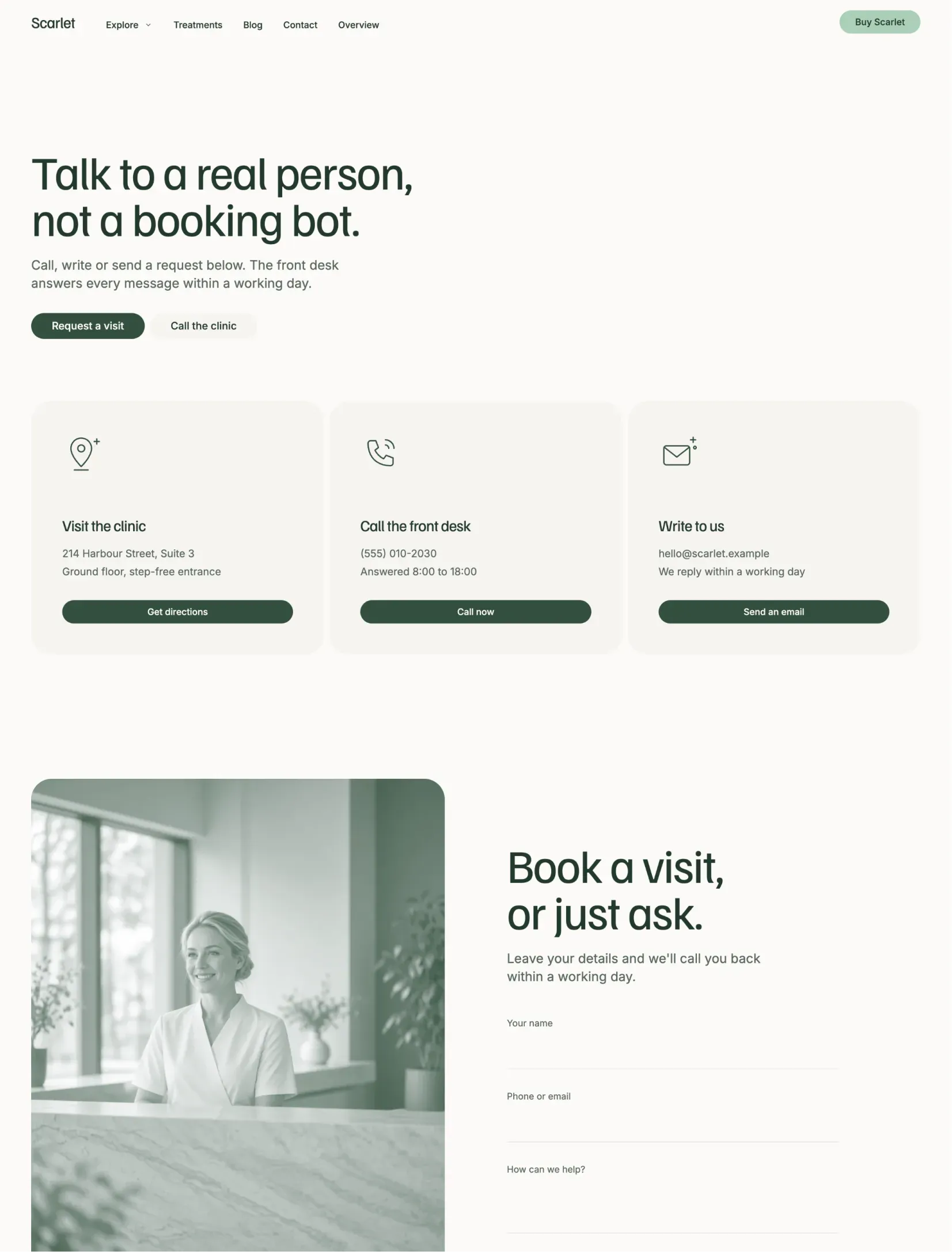 Scarlet contact page with booking form