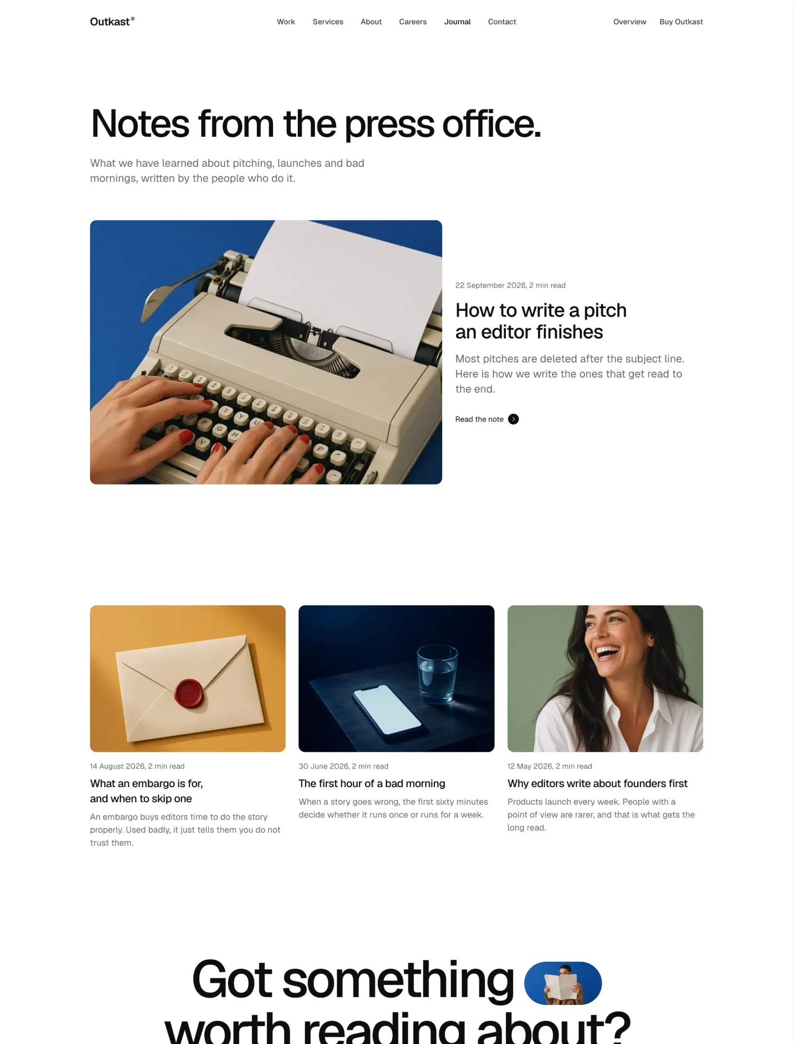 Outkast journal with a Notes from the press office headline, a featured note beside a typewriter photo and three more notes