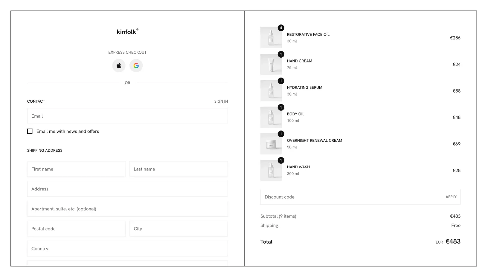 Kinfolk checkout in one framed box with express checkout, contact and shipping fields on the left and the order summary with a discount code field on the right