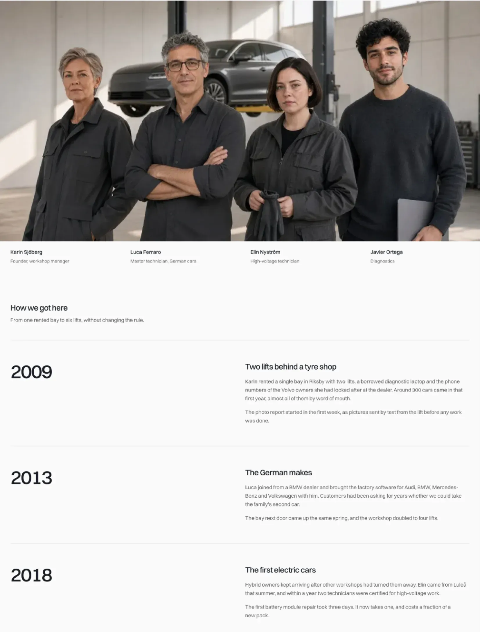 Copperlane about page with the team photo and the workshop's history by year
