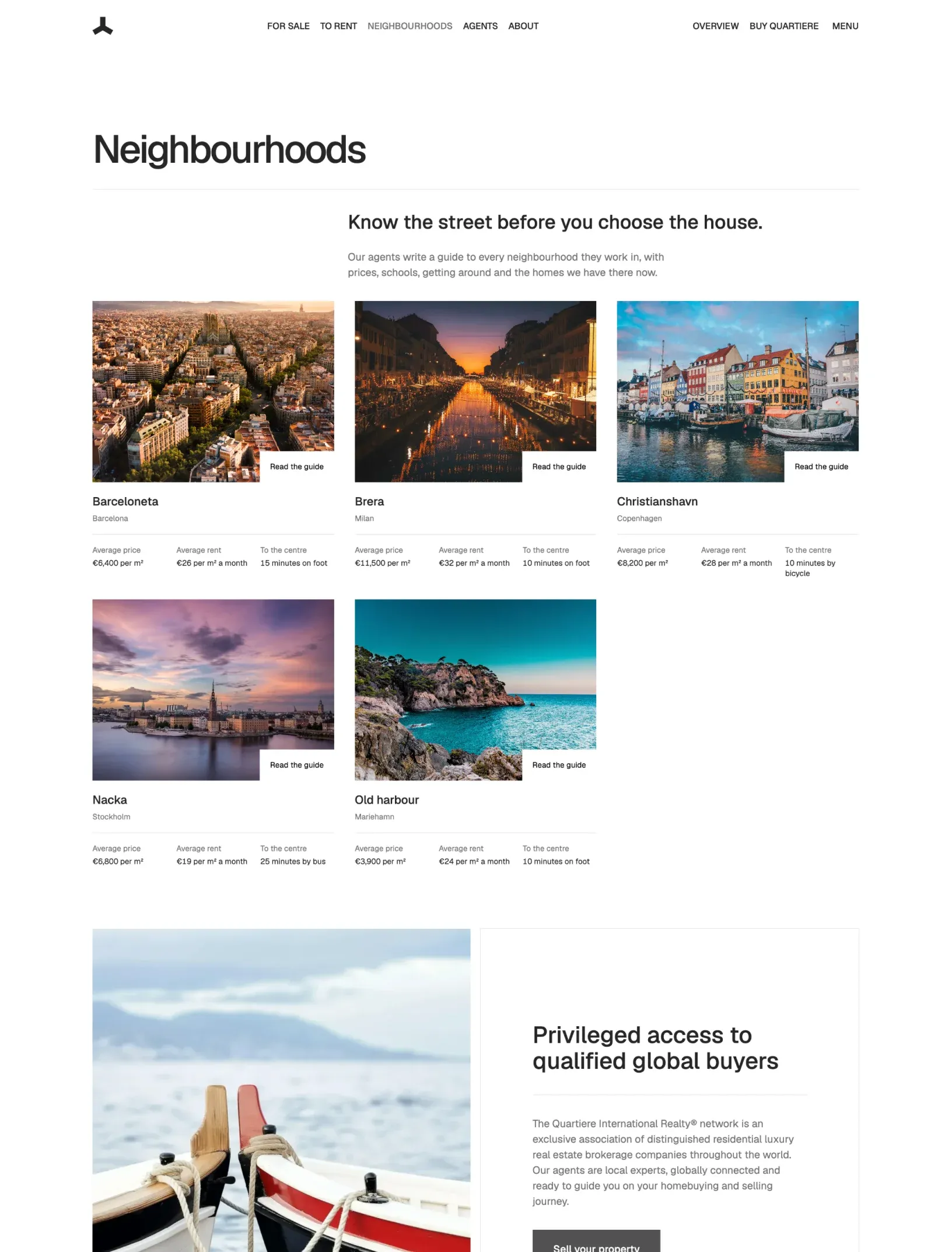 Quartiere neighbourhoods with Know the street before you choose the house and five city photos, each with average price, rent and time to the centre