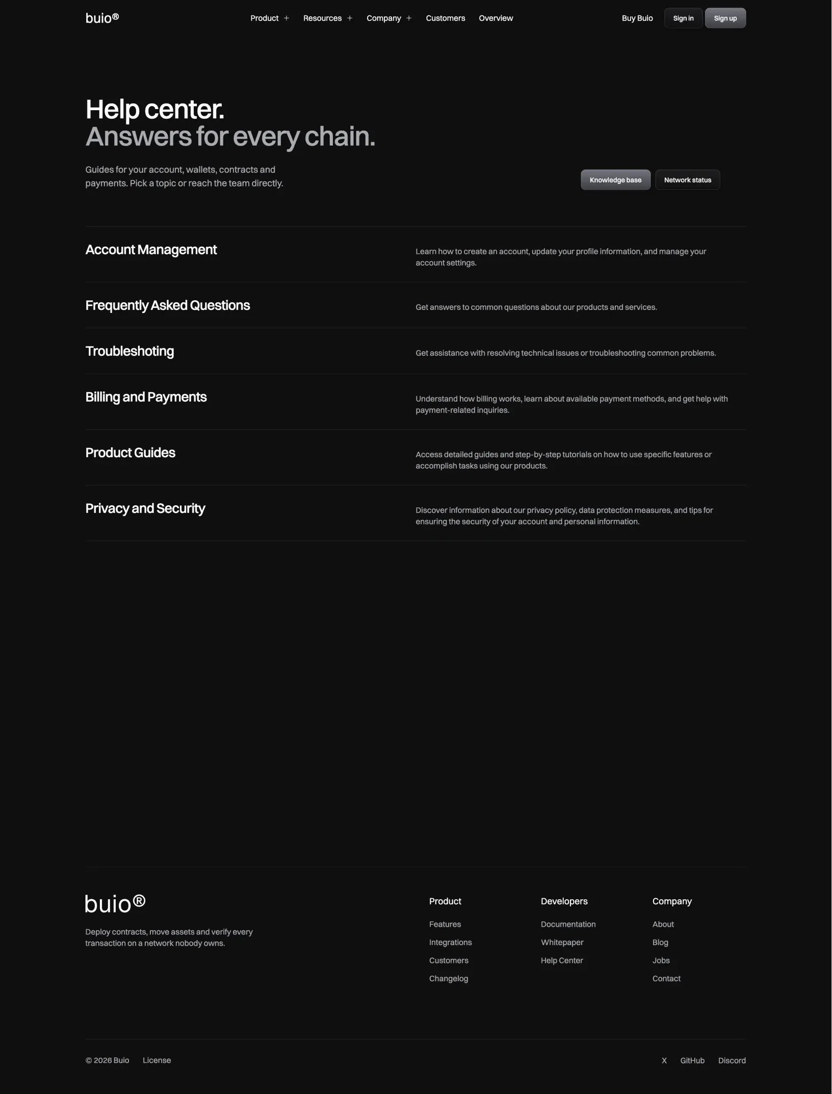 Buio help center with Answers for every chain and every topic in ruled rows