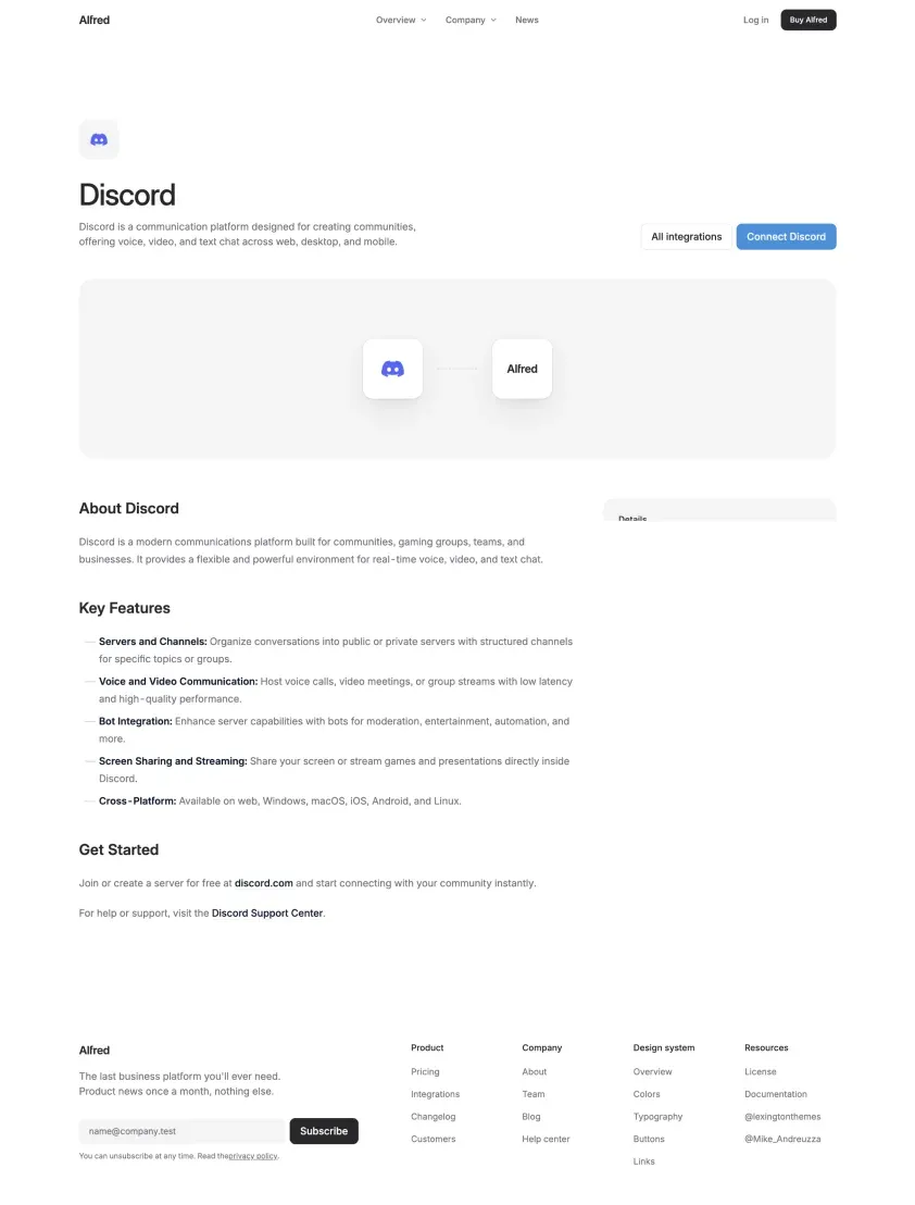 Alfred integration detail page