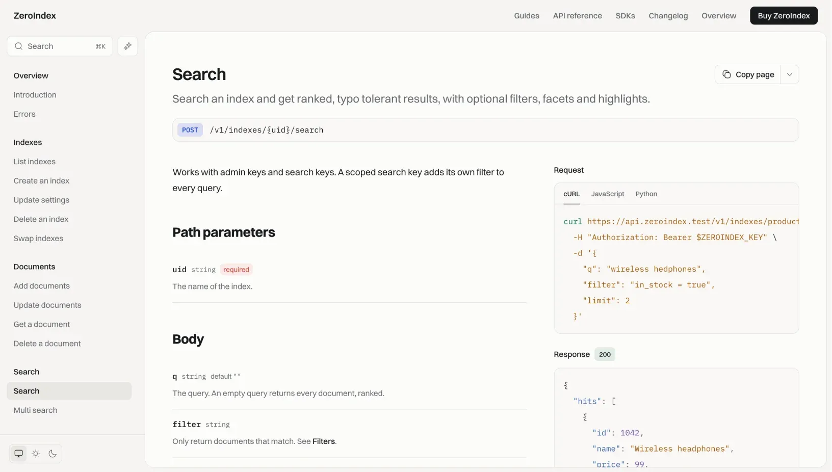 ZeroIndex Search endpoint page with the POST method and path, path and body parameters, and the request tabs and JSON response in a sticky column