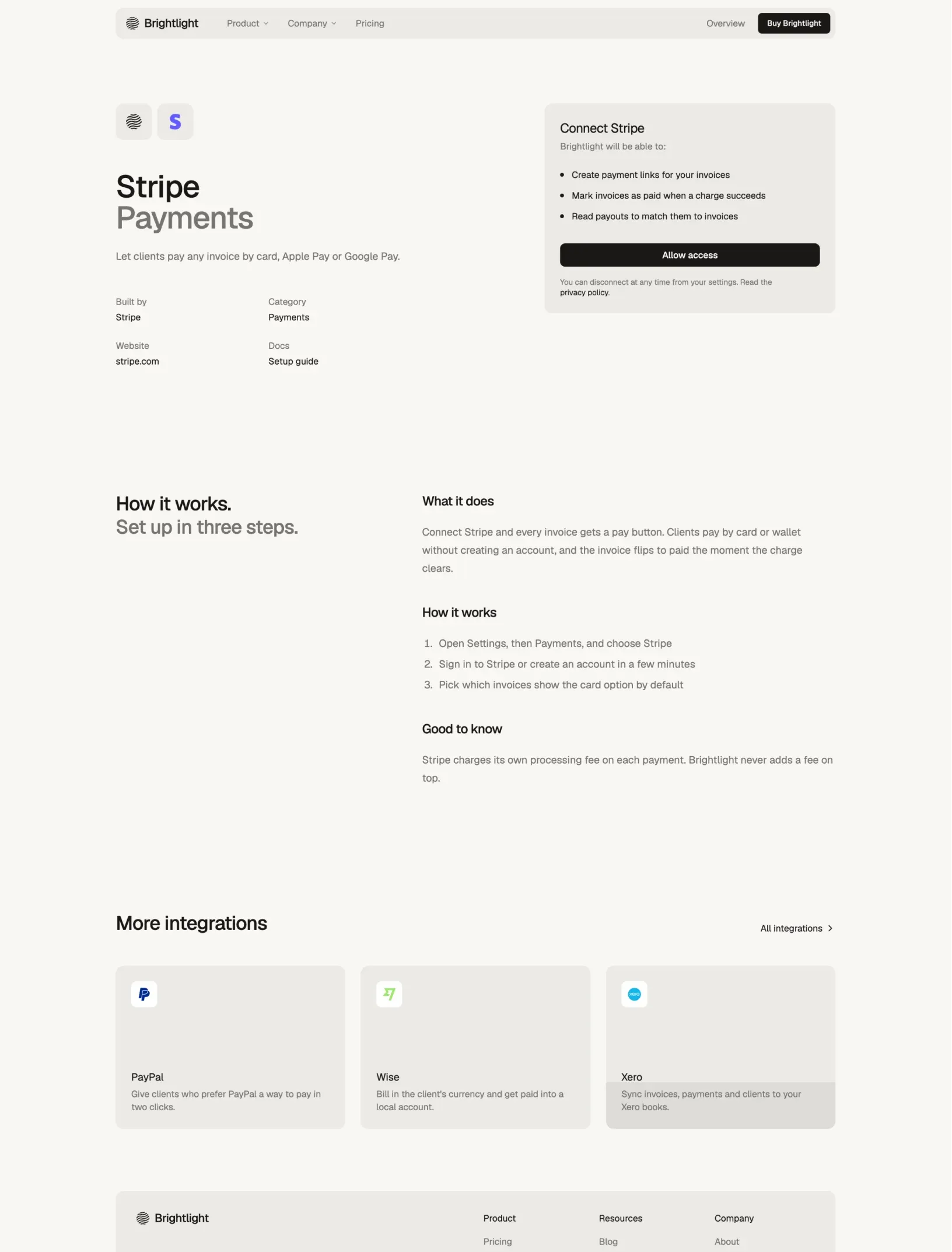Brightlight Stripe integration page with a permissions card, setup steps and more integrations