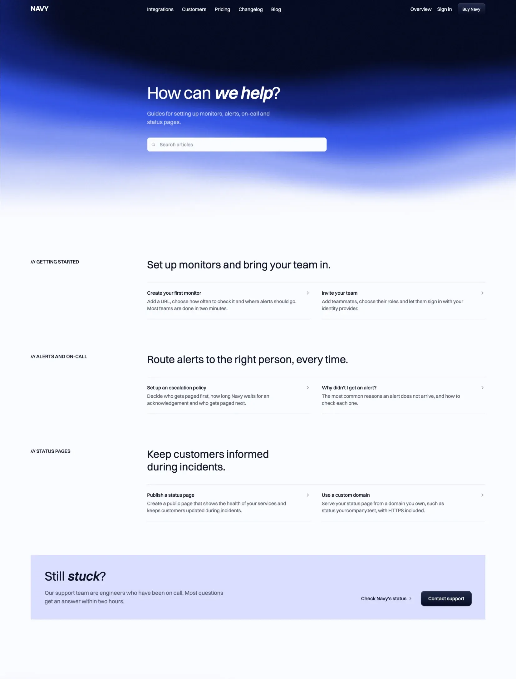 Navy help center with a search field over the gradient, guides grouped by topic in hairline rows and a support panel
