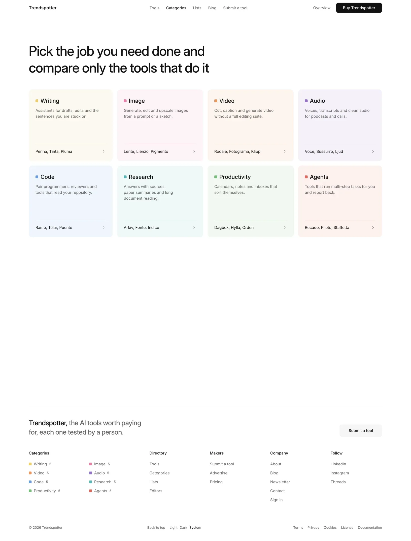 Trendspotter categories page with eight tinted cards, from writing to agents, and the footer with the categories, links and the light, dark and system toggle