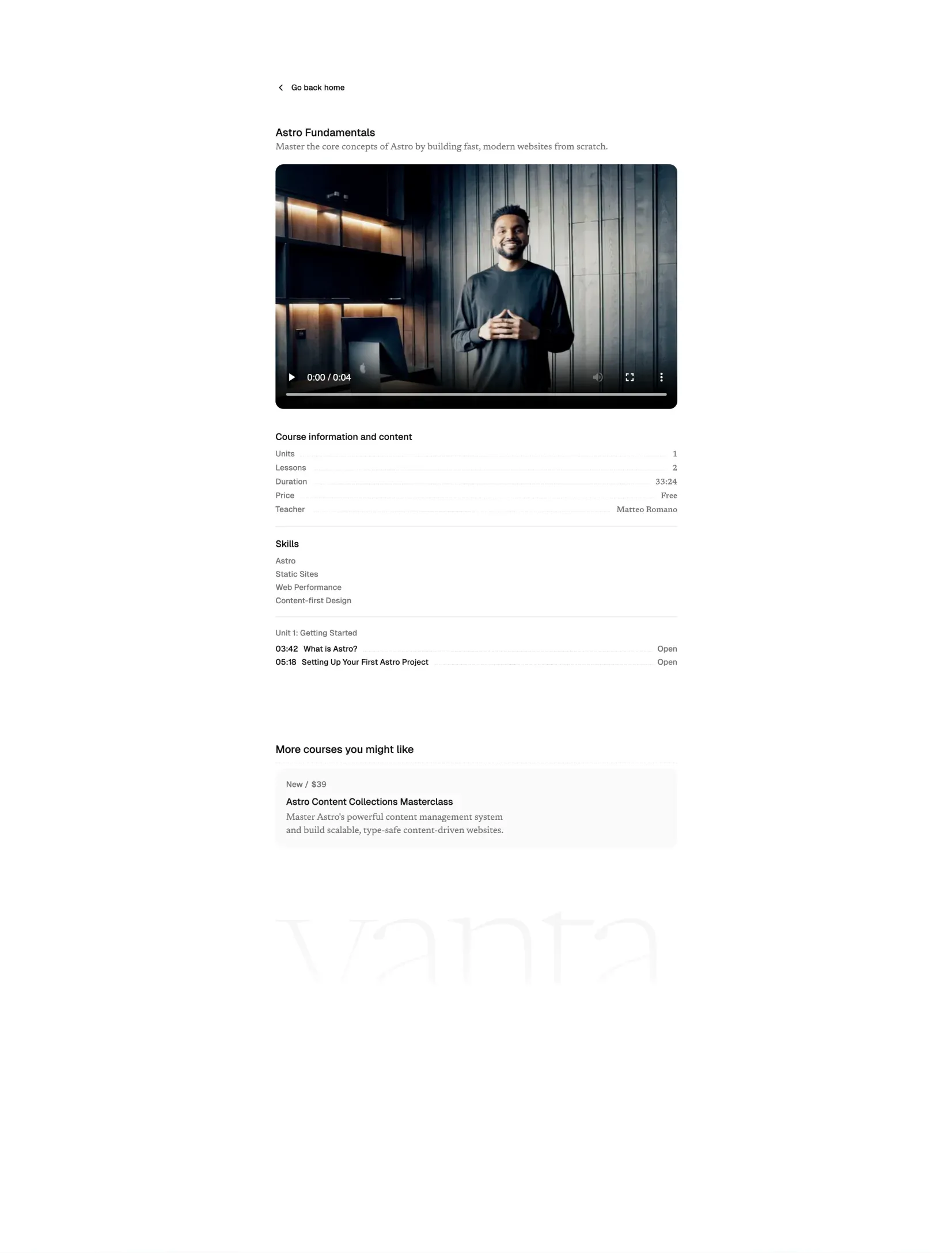 Vanta lesson details page