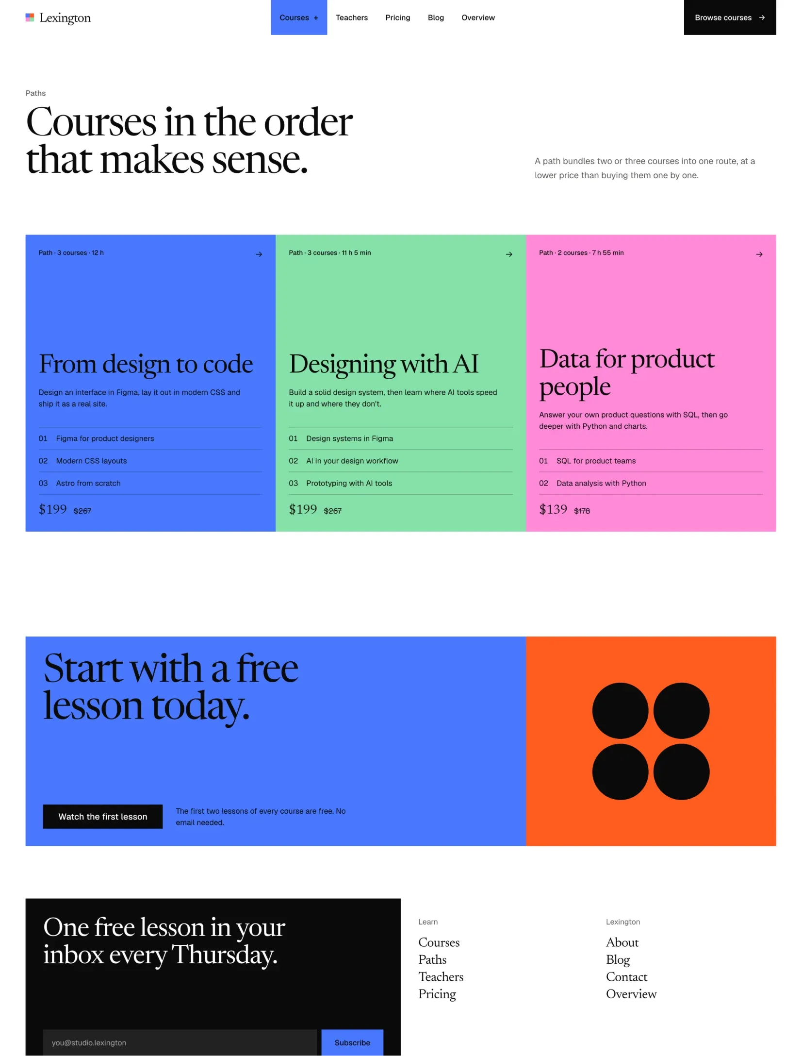 Enlightr learning paths page with three colour path tiles listing their courses and bundle prices