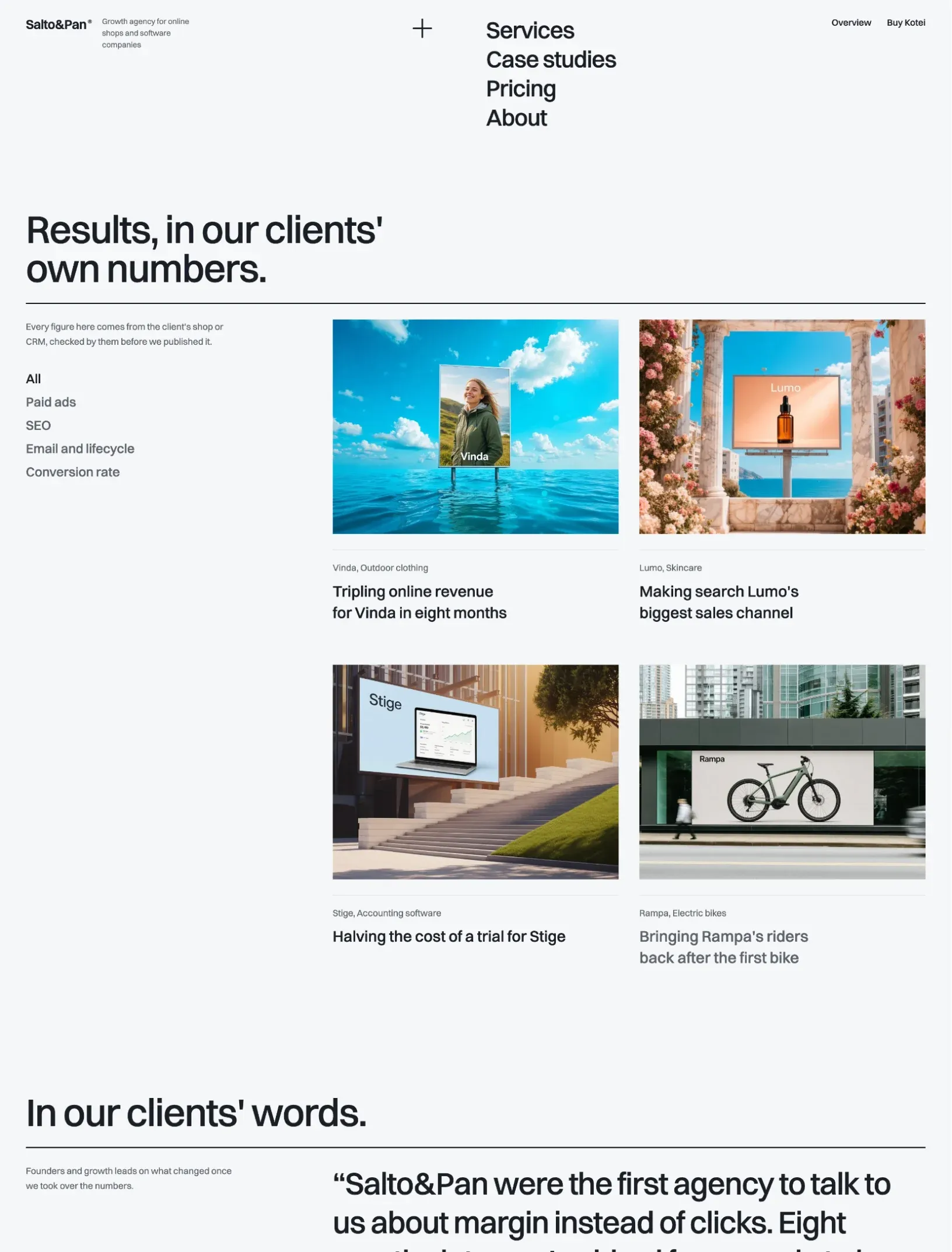 Kotei case studies index with channel filters on the left and four tiles for Vinda, Lumo, Stige and Rampa, followed by client quotes