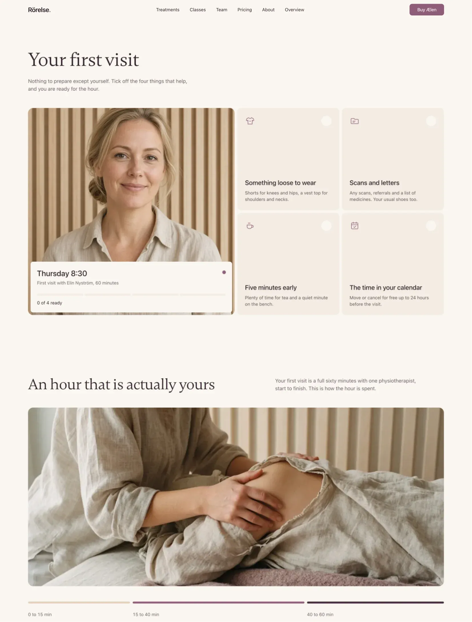 Ælen first visit page with a checklist of four things to bring next to the appointment card, and how the hour is spent