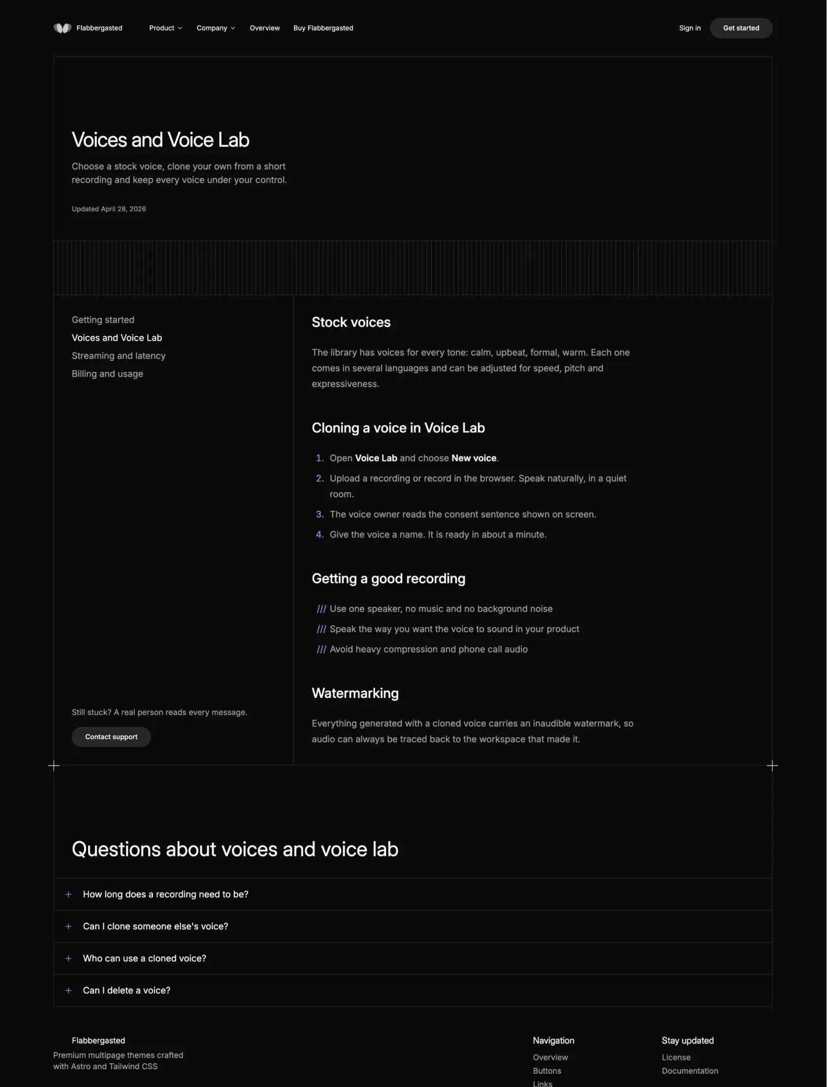 Flabbergasted help center article on Voices and Voice Lab with the article list in a sidebar, steps and tips in the text and the FAQ below