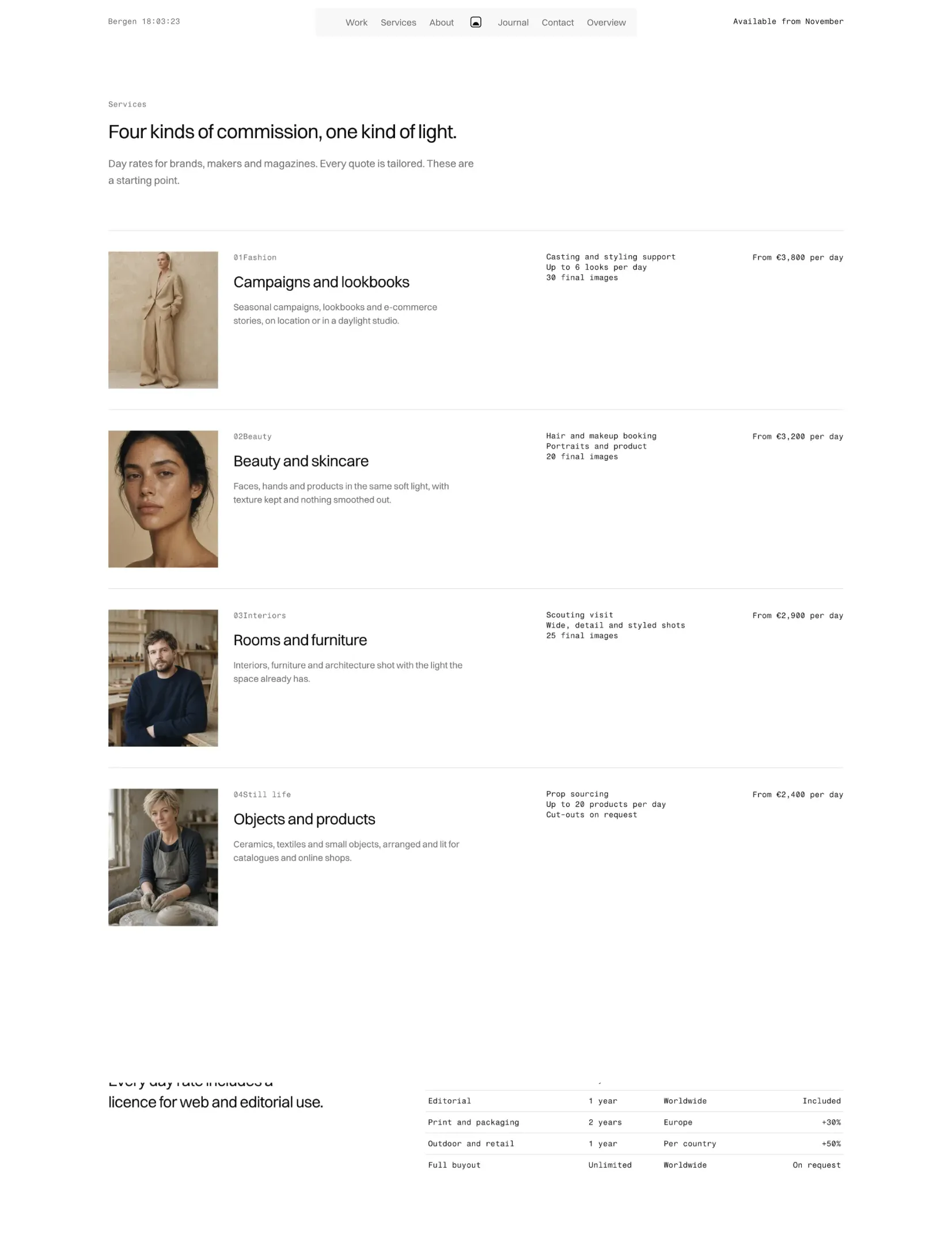Semplice services page with four kinds of commission, day rates and a licensing table