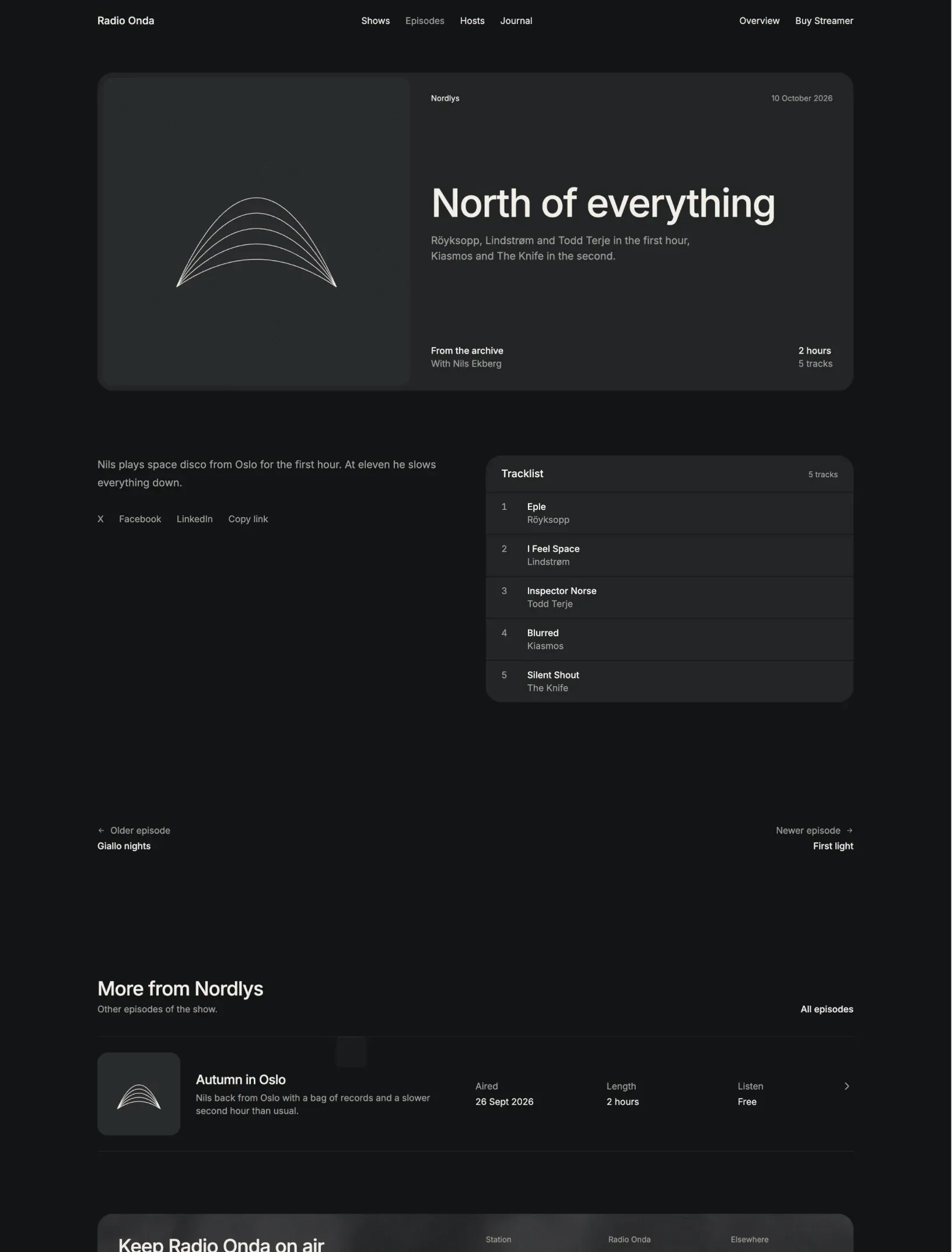 Streamer episode page with a player card for North of everything, the episode notes and share links beside a tracklist card, older and newer links and more episodes from the show