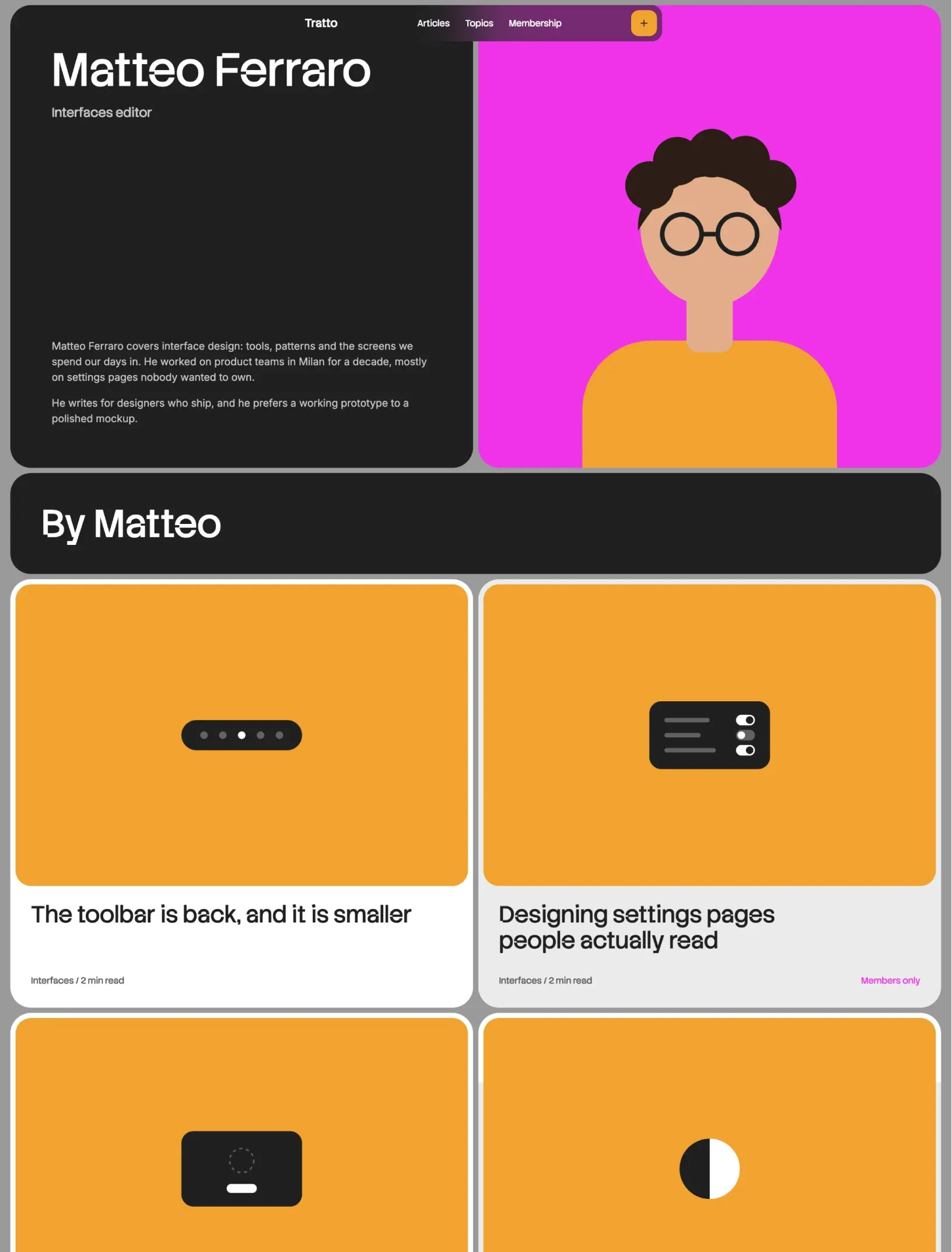 Snowpeak editor profile with a drawn portrait beside the bio and a grid of the editor's articles