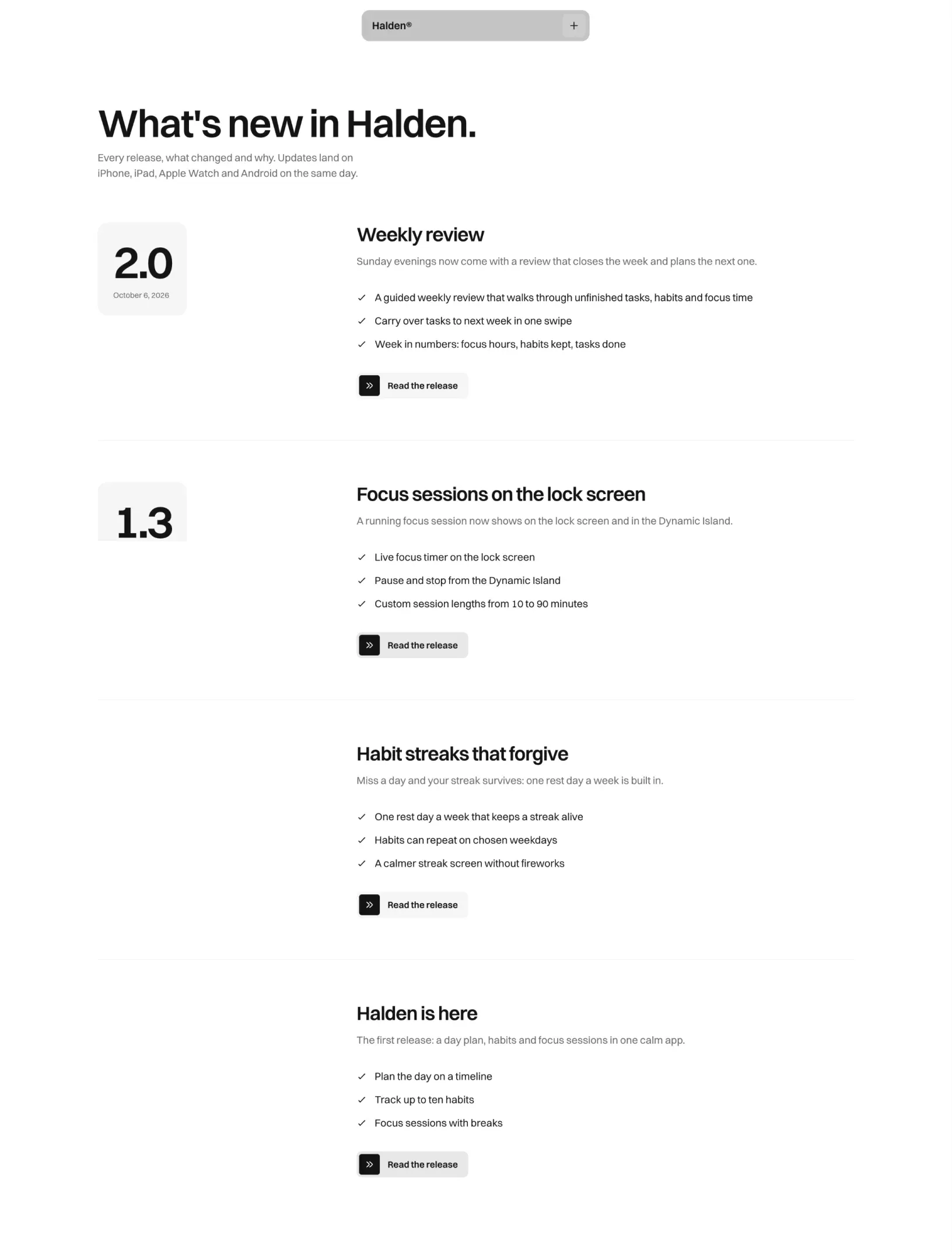 Halden changelog with a version card beside each release, its highlights and a link to read the release