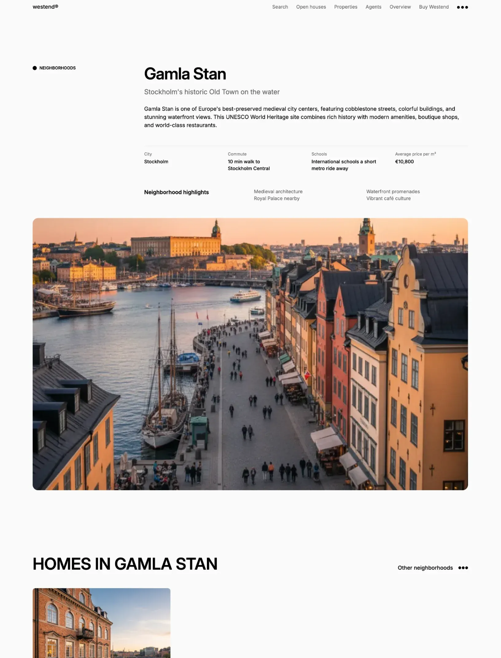 Westend neighborhood page for Gamla Stan with city, commute, schools and average price per m², and the homes for sale there