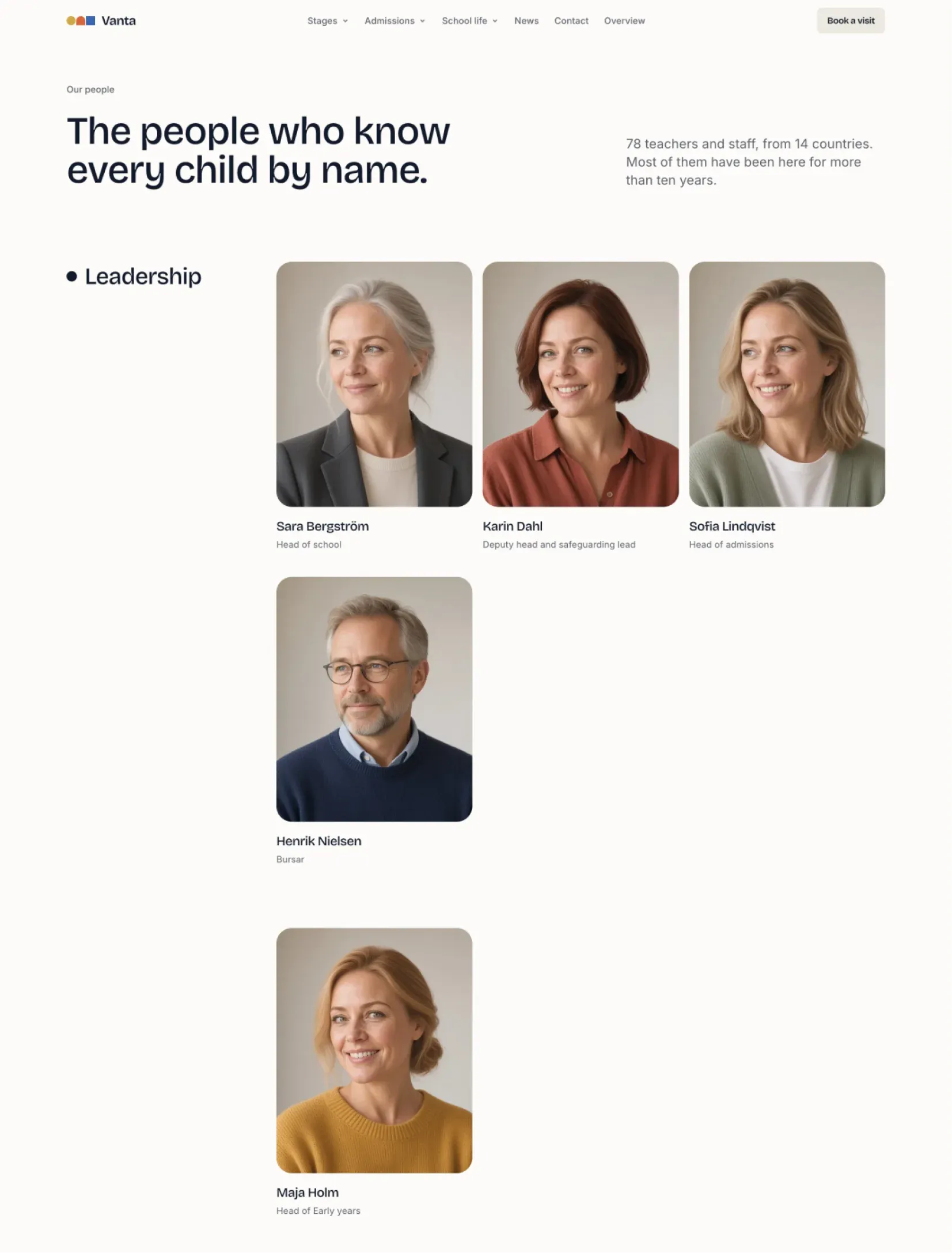 Vanta staff page with portraits grouped by department