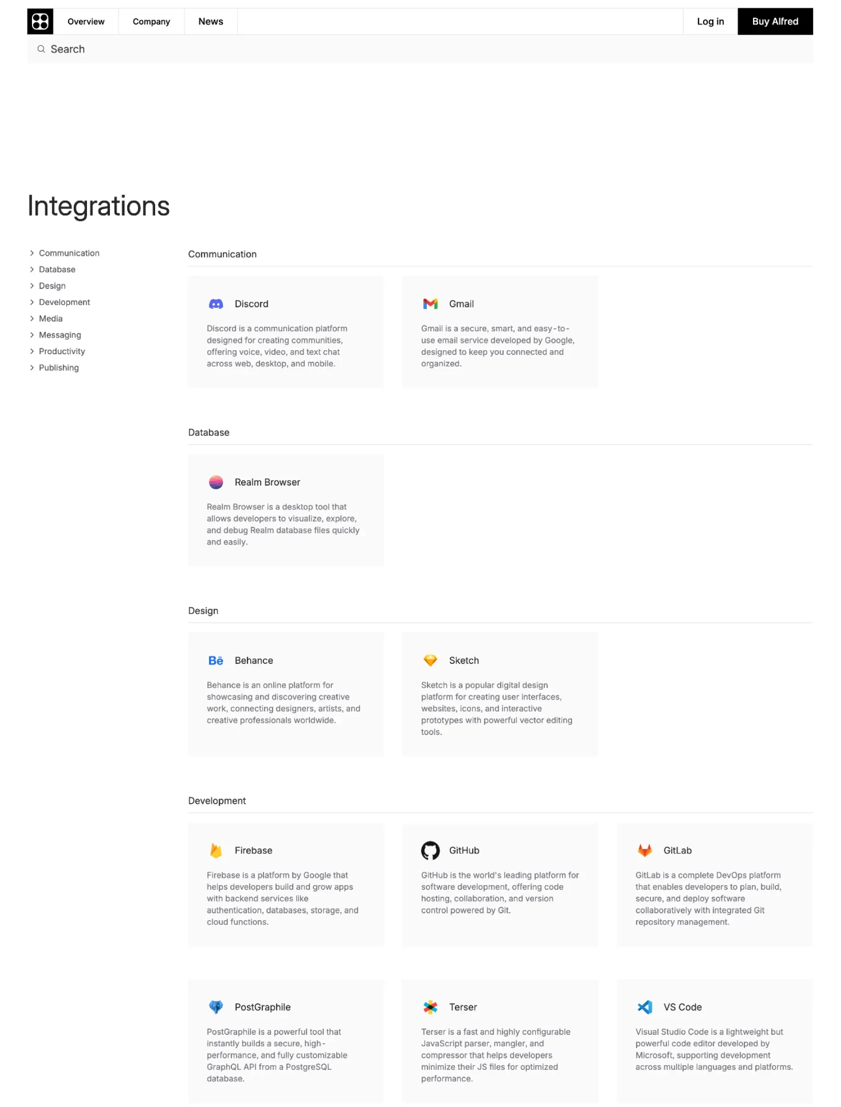 Alfred integrations layout