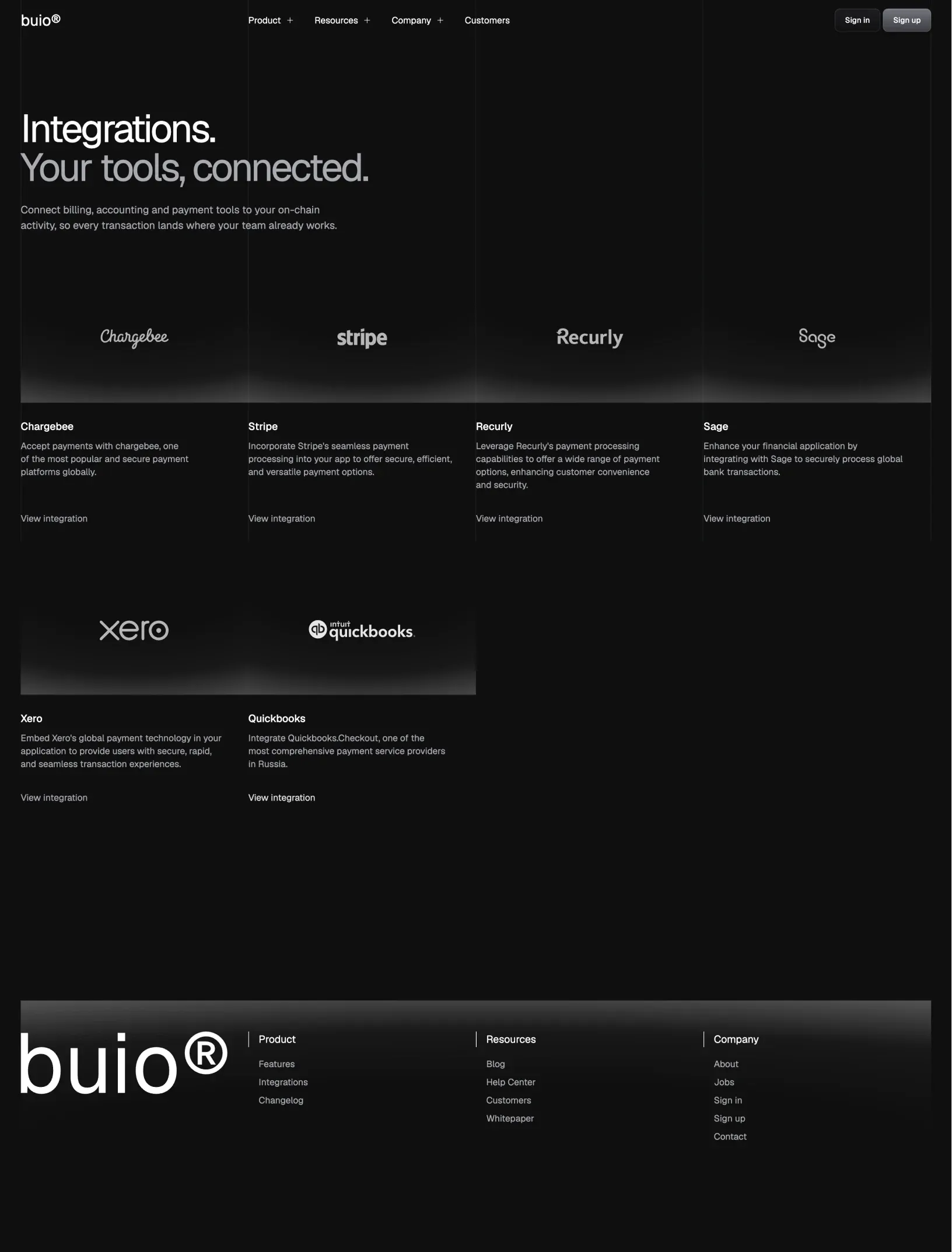 Buio integrations directory with Chargebee, Stripe, Recurly, Sage, Xero and QuickBooks logos on grey gradient panels