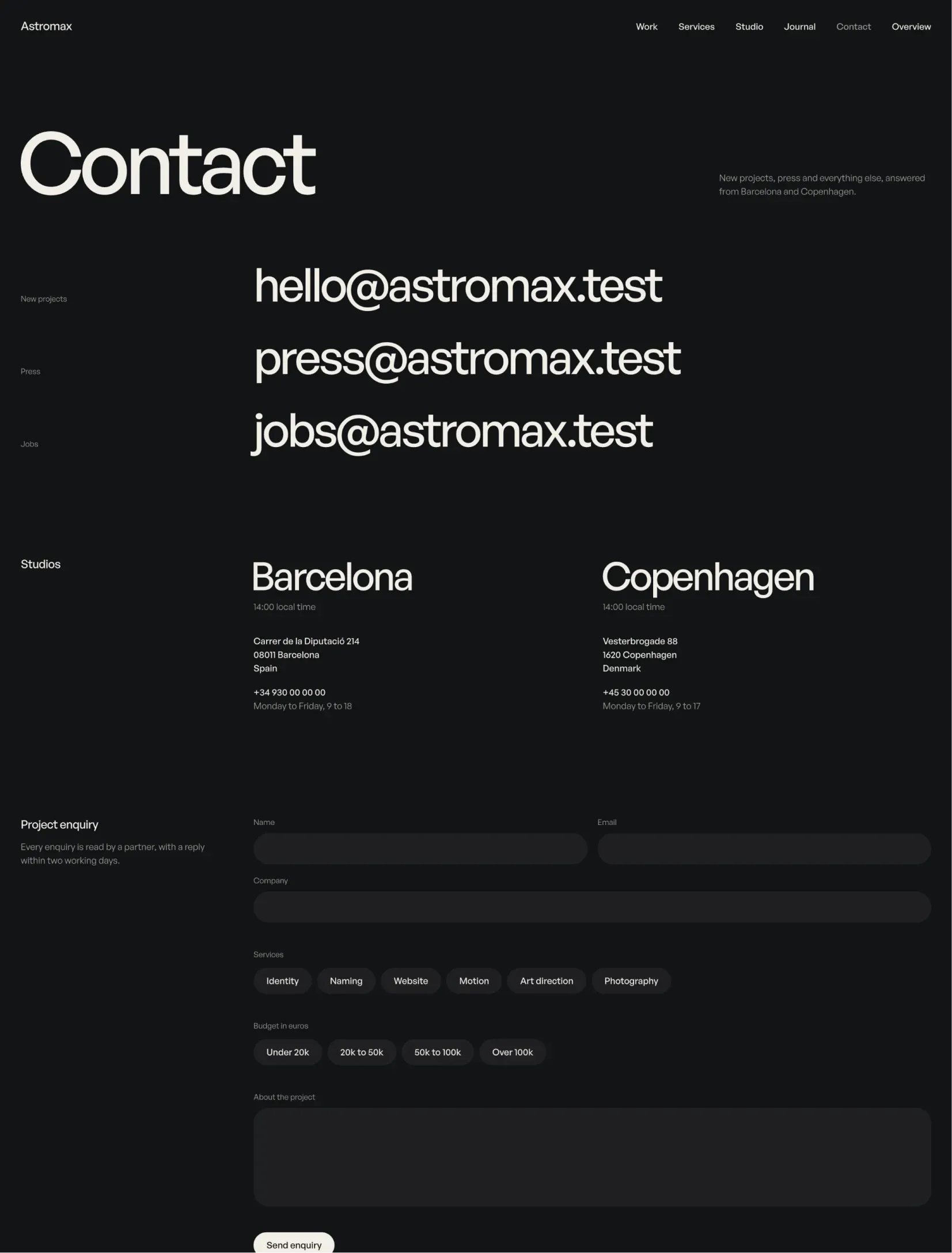 Astromax SP contact page with three email addresses, the Barcelona and Copenhagen studios and the project enquiry form